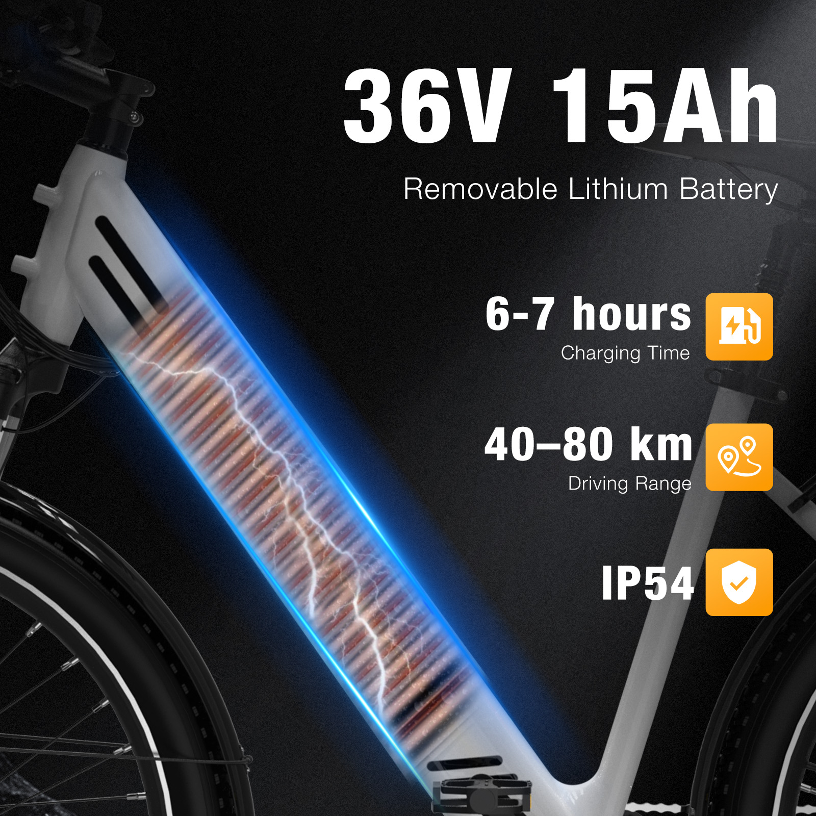 Batería e-bike 36V 15Ah, carga 6-7h, autonomía 40-80km, IP54.