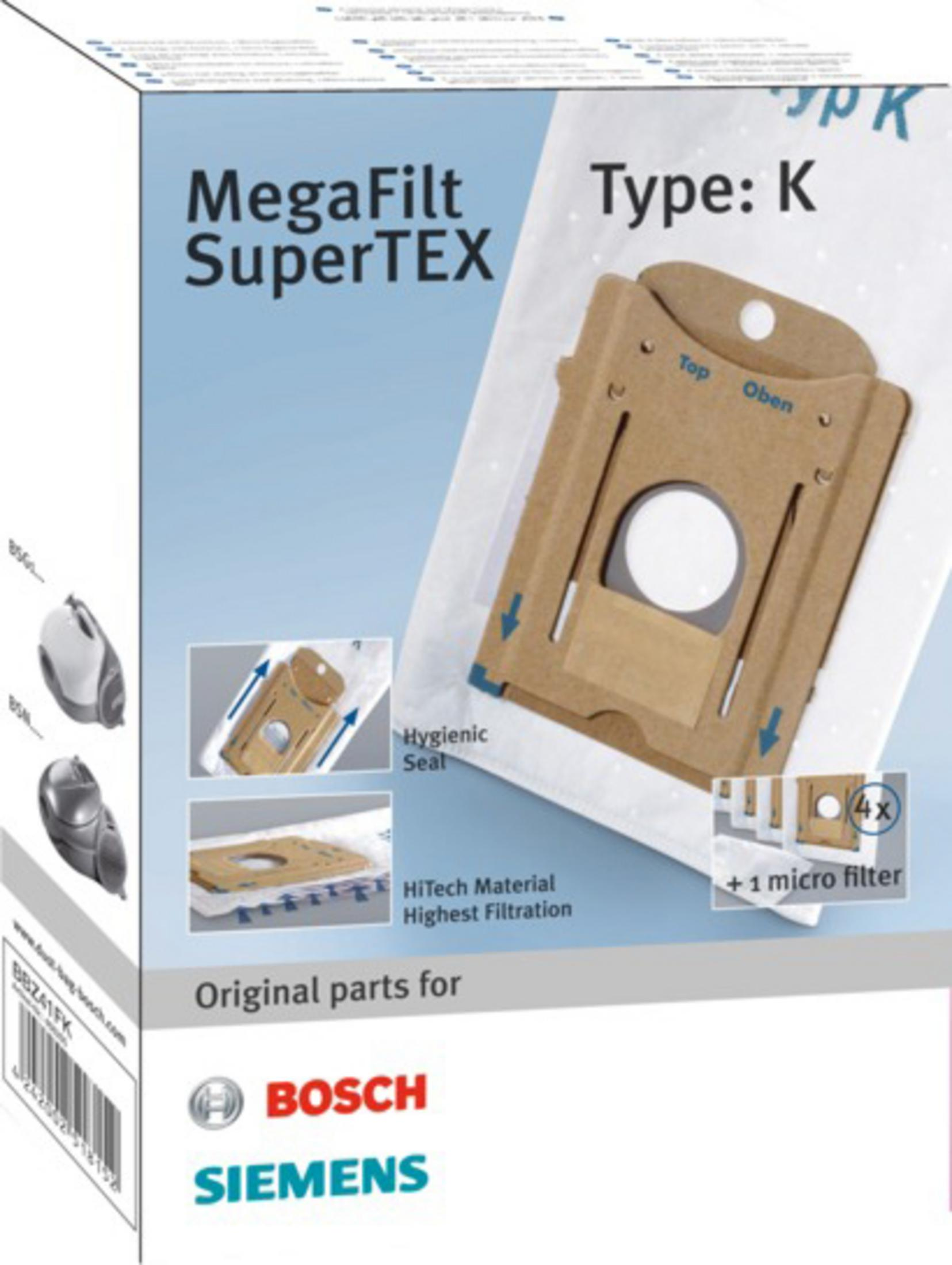 Confezione per sacchetti polvere Bosch/Siemens MegaFilt SuperTEX Tipo K con microfiltro.