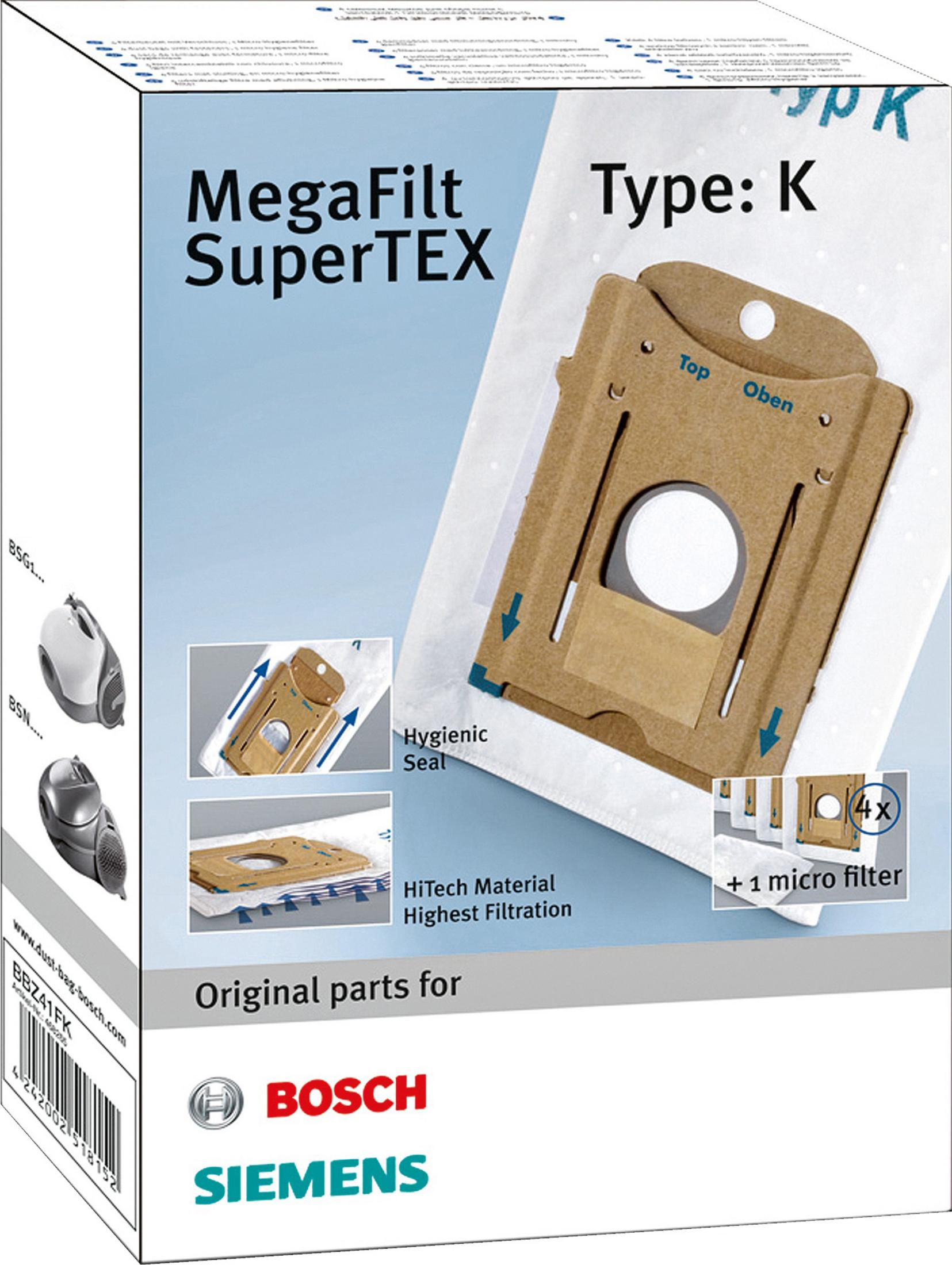 Confezione per sacchetti aspirapolvere Bosch/Siemens Tipo K con MegaFilt SuperTEX.