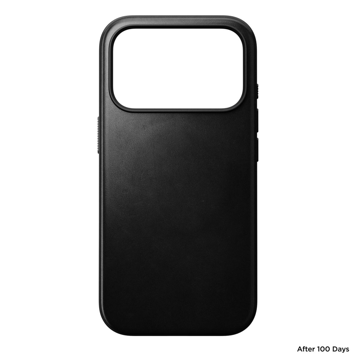 Una cover nera per telefono con un grande ritaglio per la fotocamera, su sfondo bianco.