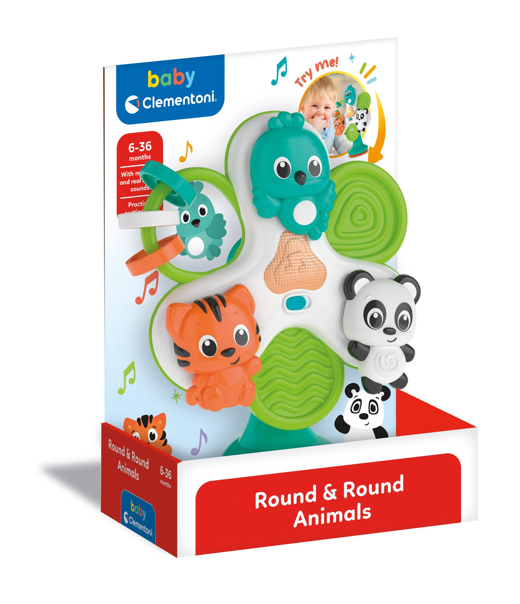 Giocattolo Baby Clementoni Rotondo e Rotondo Animali con figure di tigre, panda e uccello.