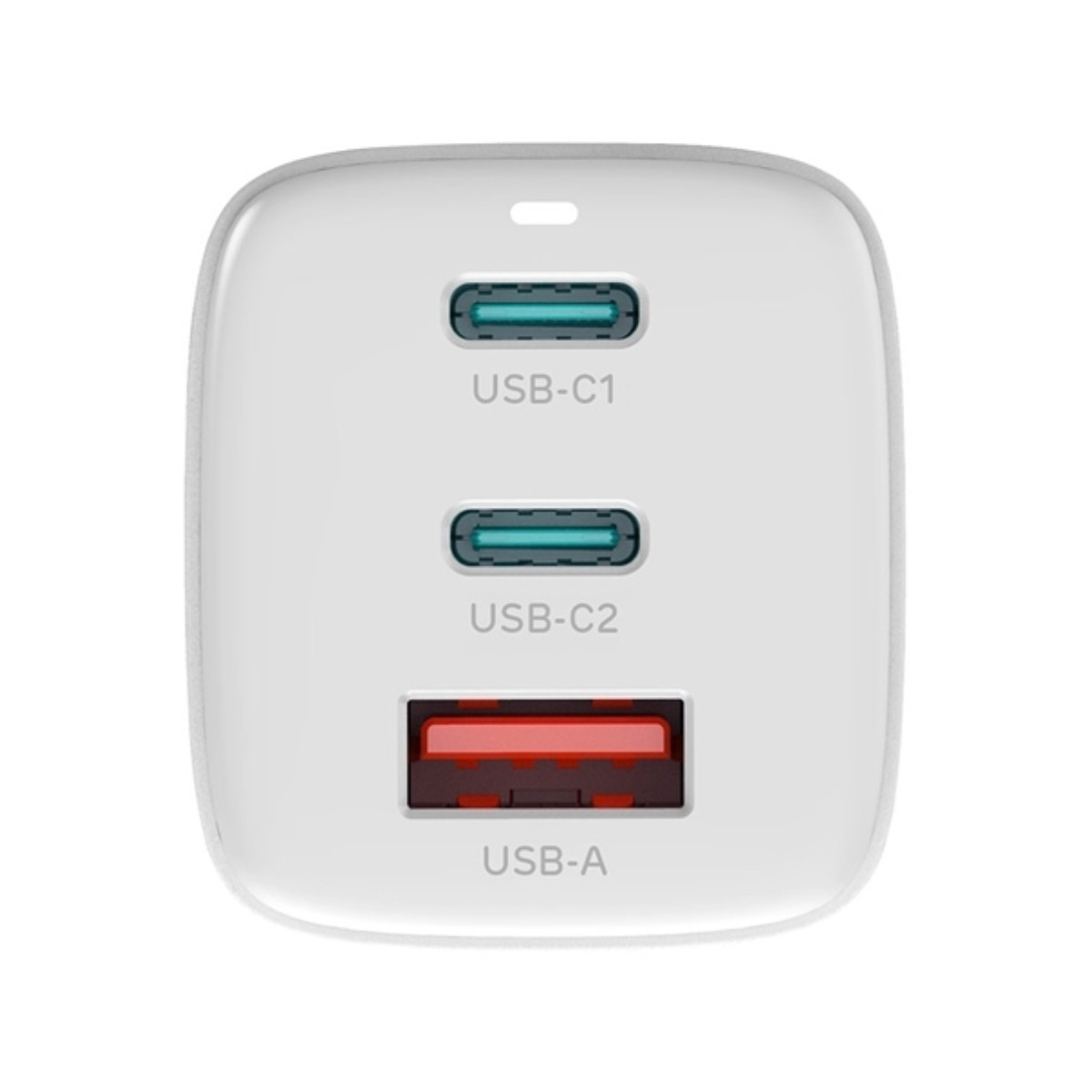 Caricatore USB bianco con due porte USB-C e una porta USB-A rossa.