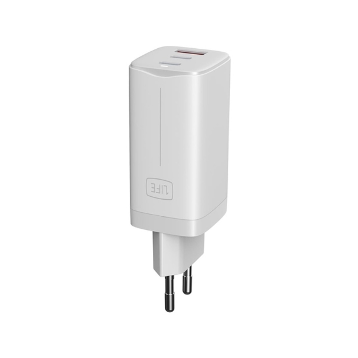 Un caricatore da muro bianco dual USB con spina europea. Il logo 'LIFE' è sul lato.