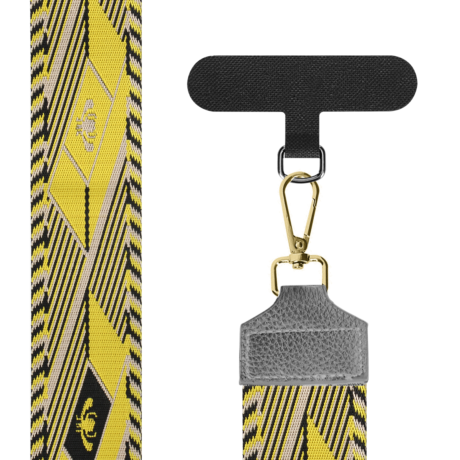 Cinturino giallo con motivo nero, supporto nero e moschettone dorato.