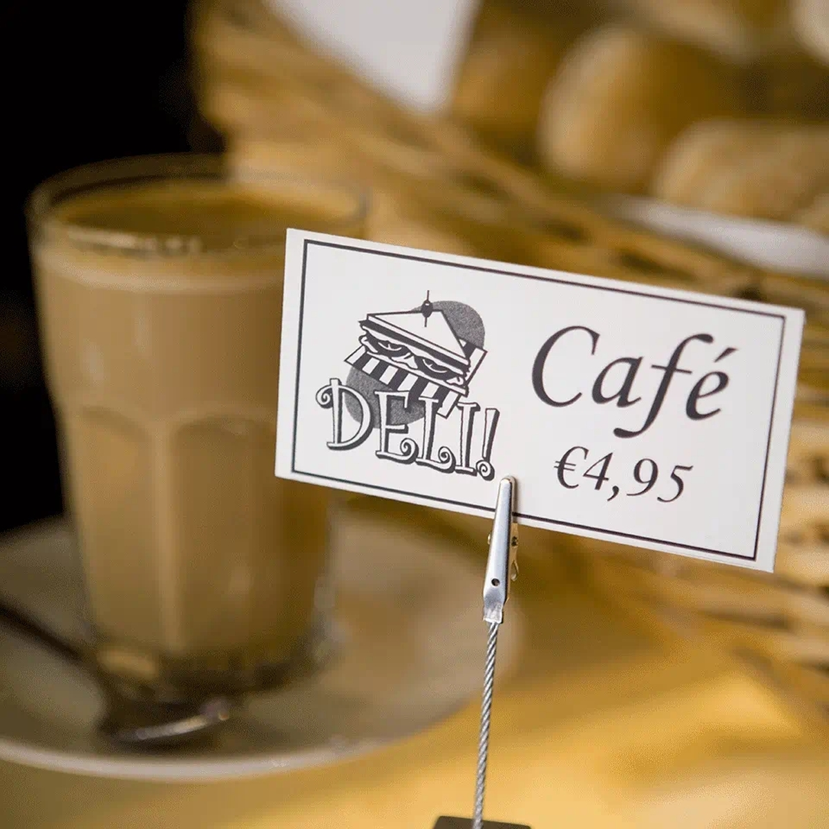 Un bicchiere di caffè accanto a un cartello 'Deli Cafe' al costo di €4,95.