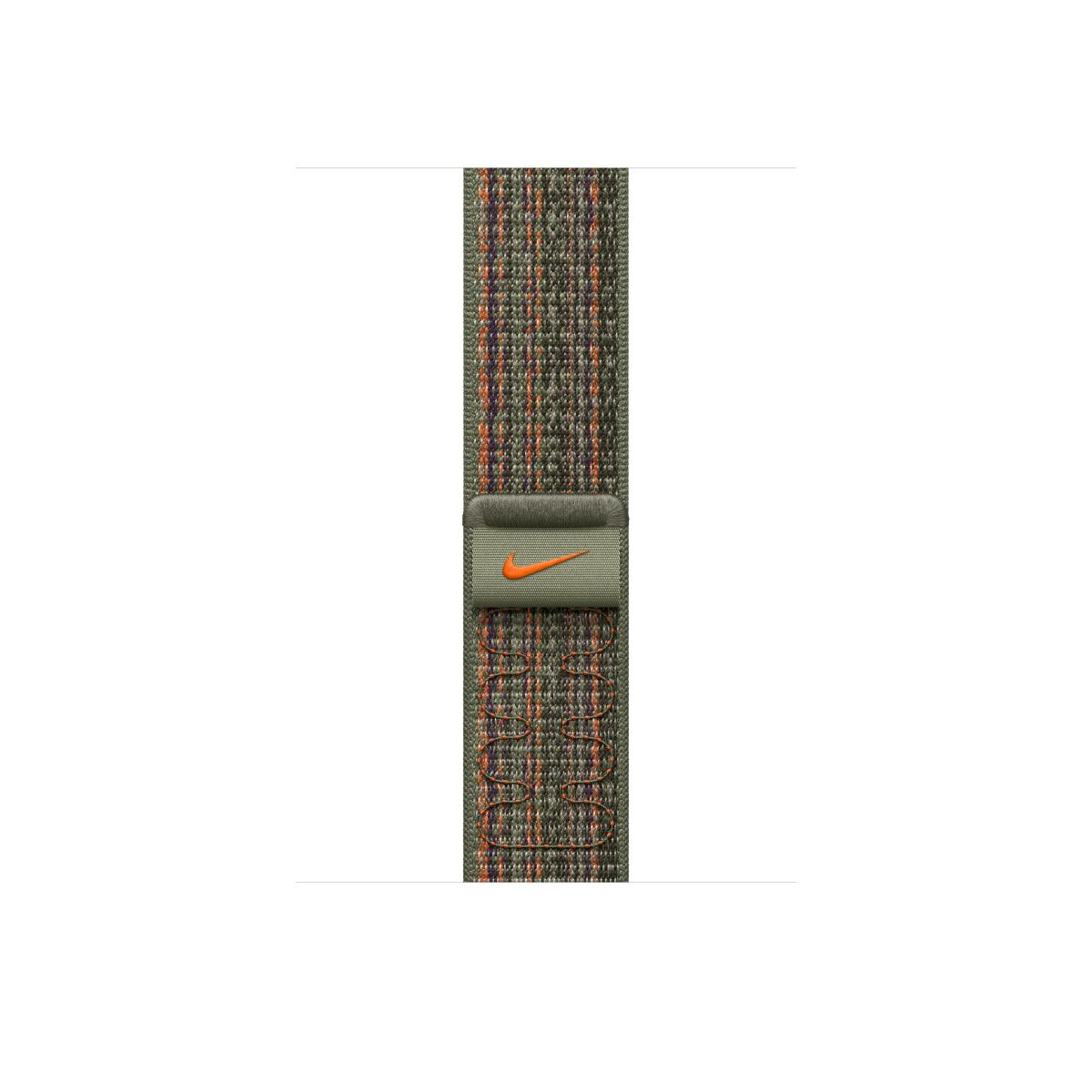 Ein grünes Nike-Uhrenarmband mit orangefarbenem Nike-Logo und Karomuster.