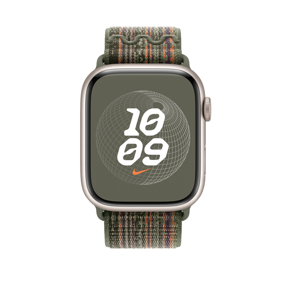 Eine Smartwatch mit grünem Karomuster-Armband, die 10:09 auf dem Bildschirm mit Weltkugel-Design anzeigt.