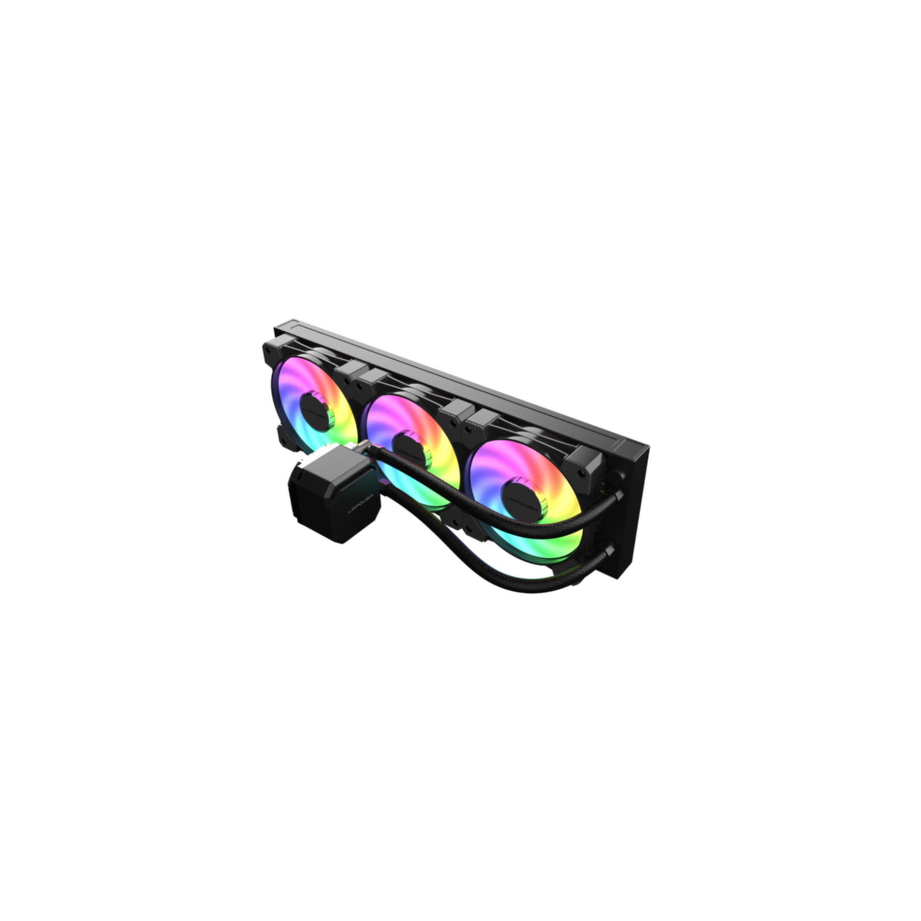 Un refrigeratore a liquido per computer nero con tre ventole che mostrano illuminazione RGB arcobaleno.
