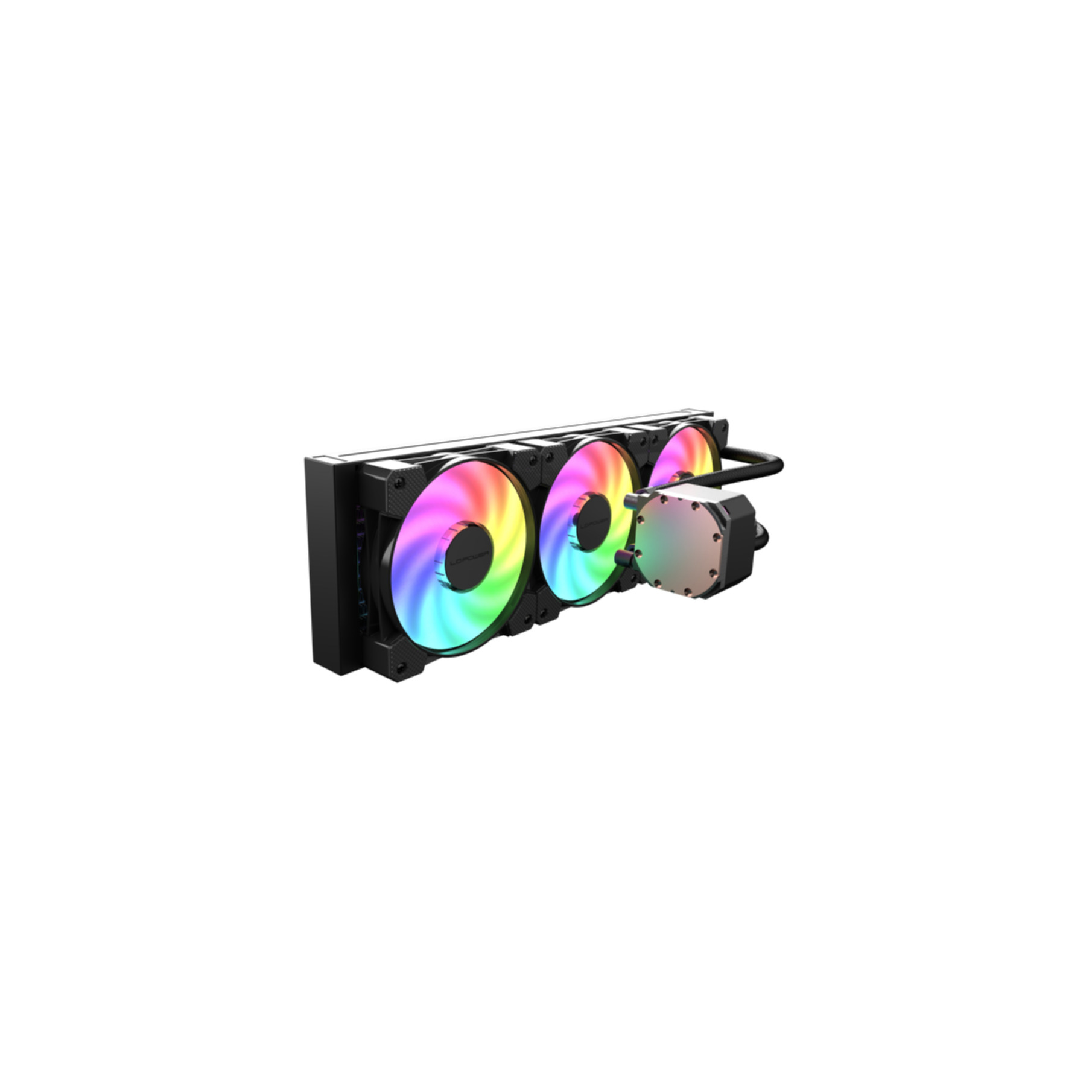 Un dissipatore a liquido per computer nero con tre ventole RGB e una pompa.