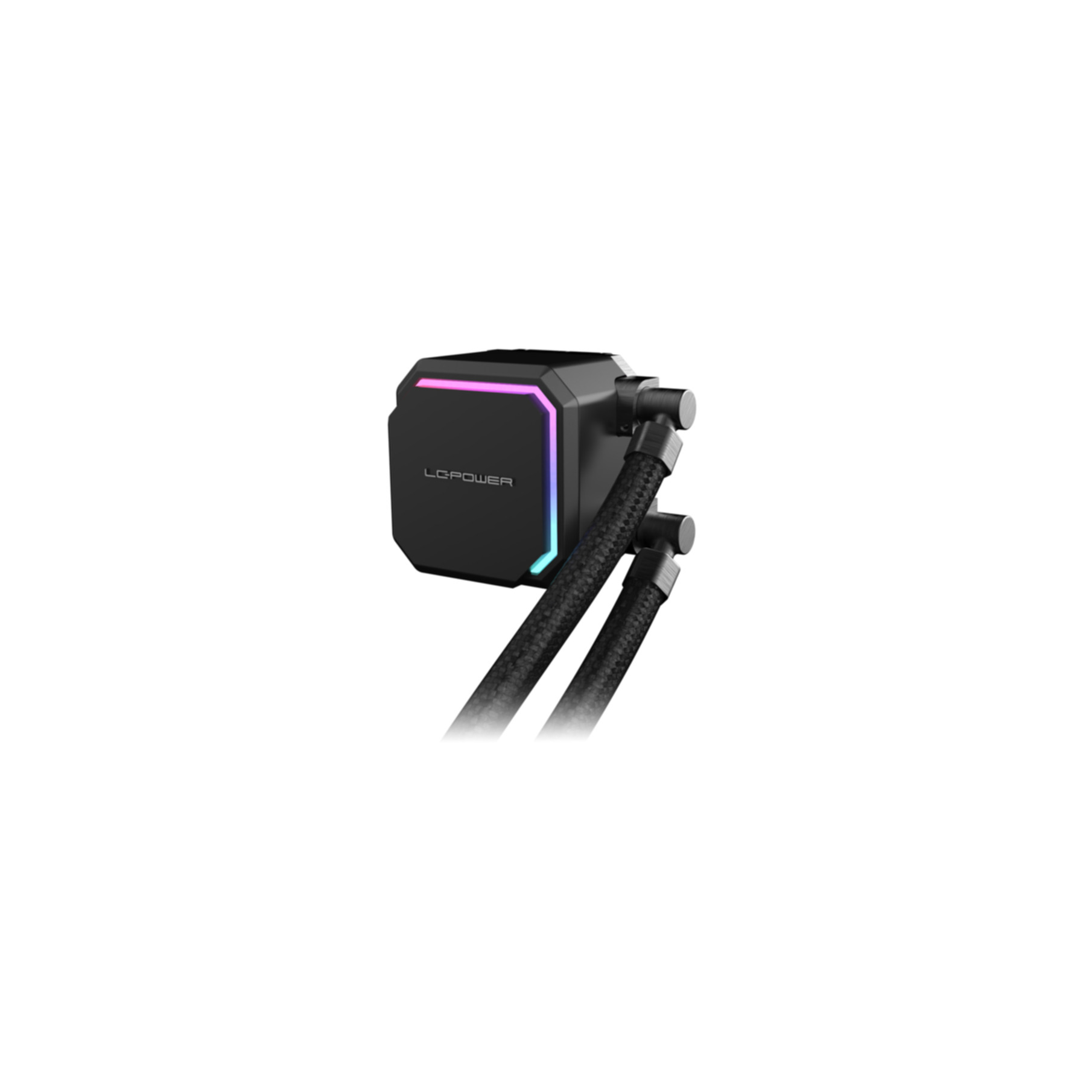 Raffreddatore CPU LC Power nero con illuminazione RGB e tubi intrecciati.