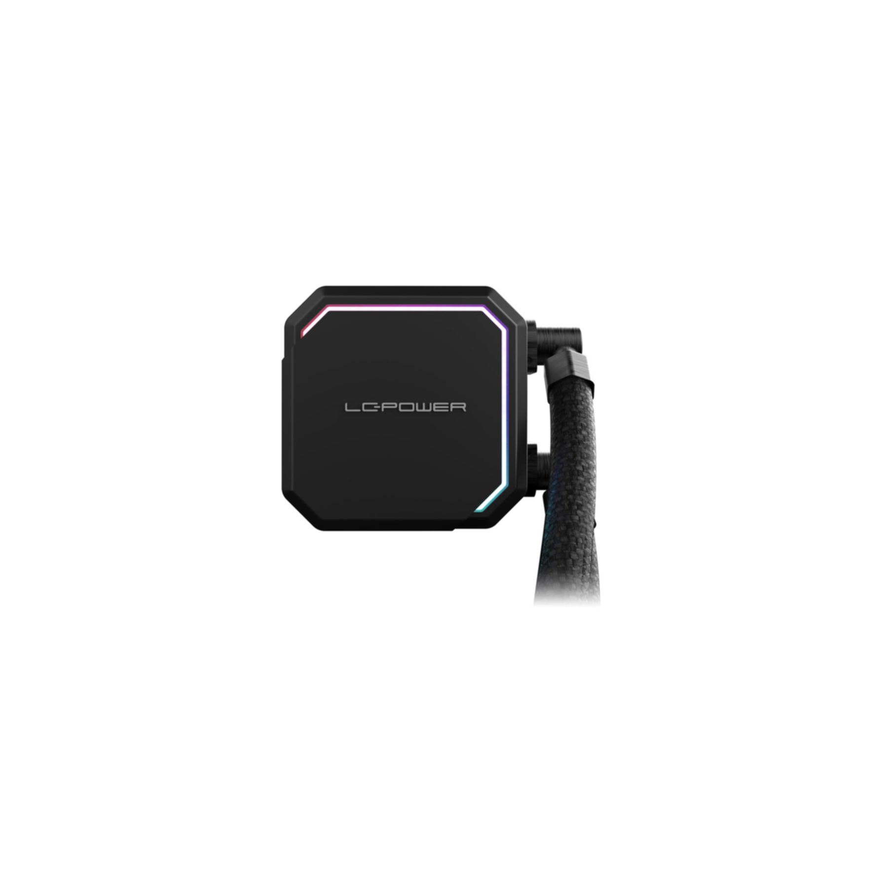 Dissipatore CPU nero con illuminazione RGB e tubo intrecciato.