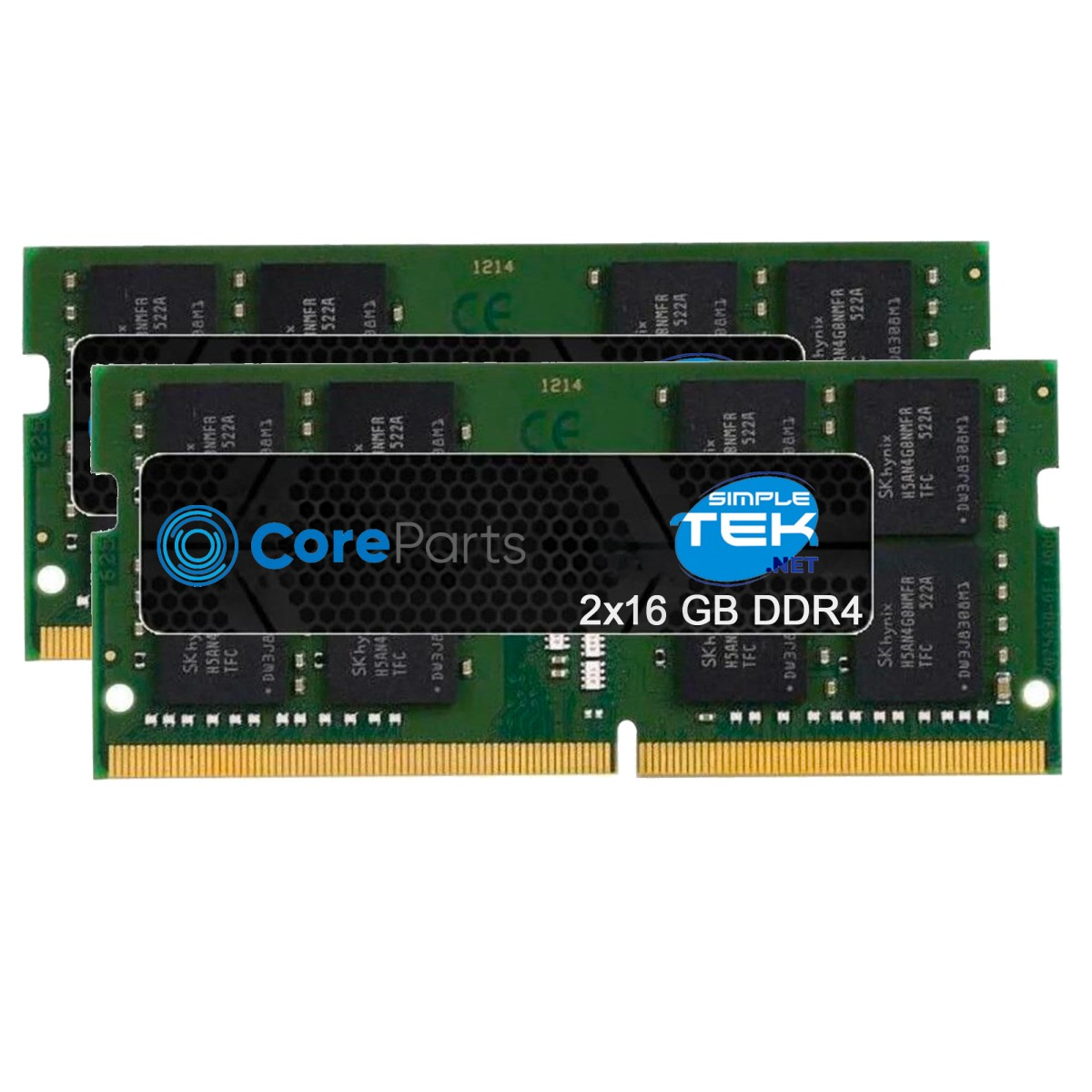 Due moduli RAM DDR4 verdi con etichette "CoreParts" e "SimpleTek.net".