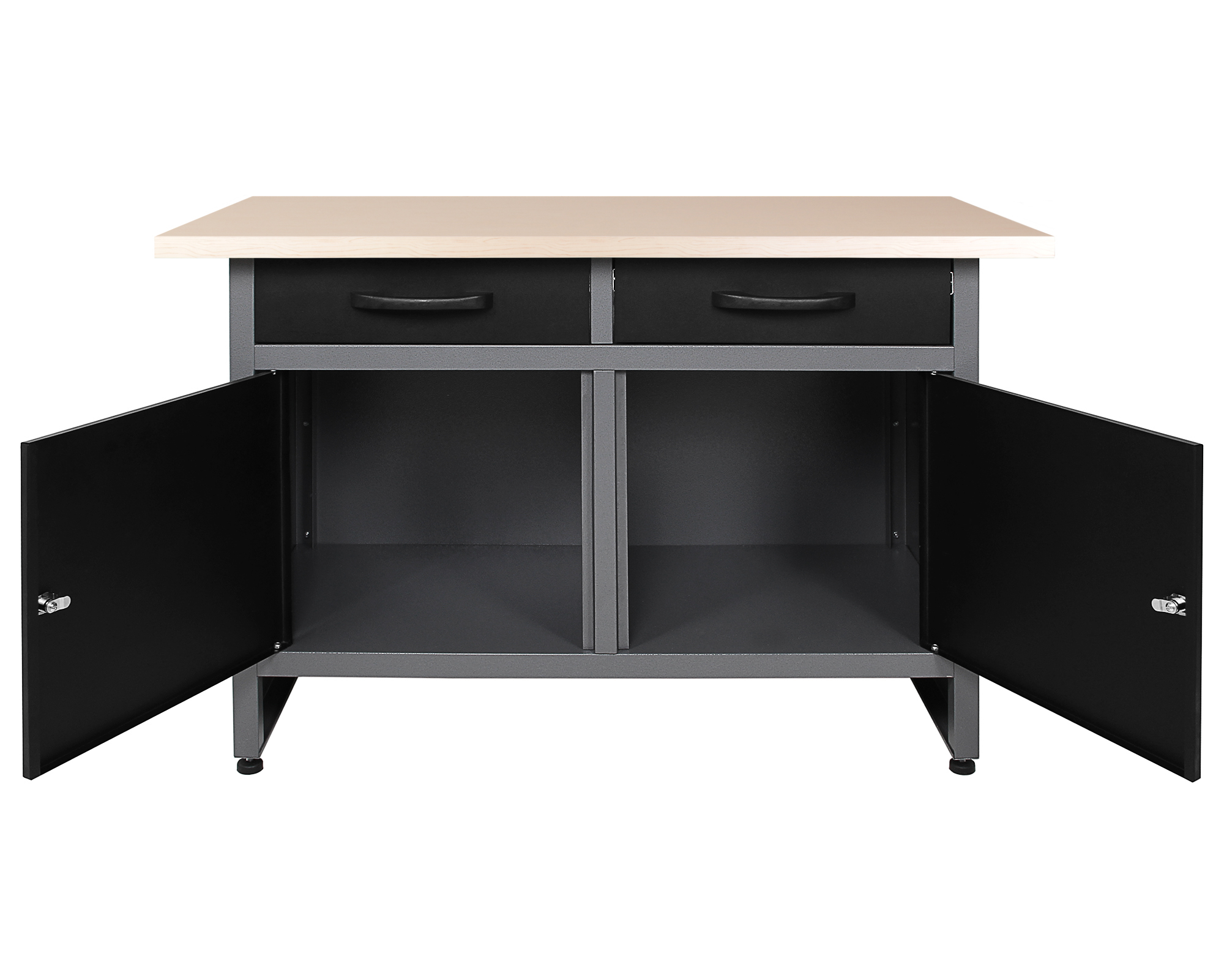 Ein grauer Metallschrank mit heller Holzplatte, zwei schwarzen Schubladen und zwei offenen schwarzen Türen.