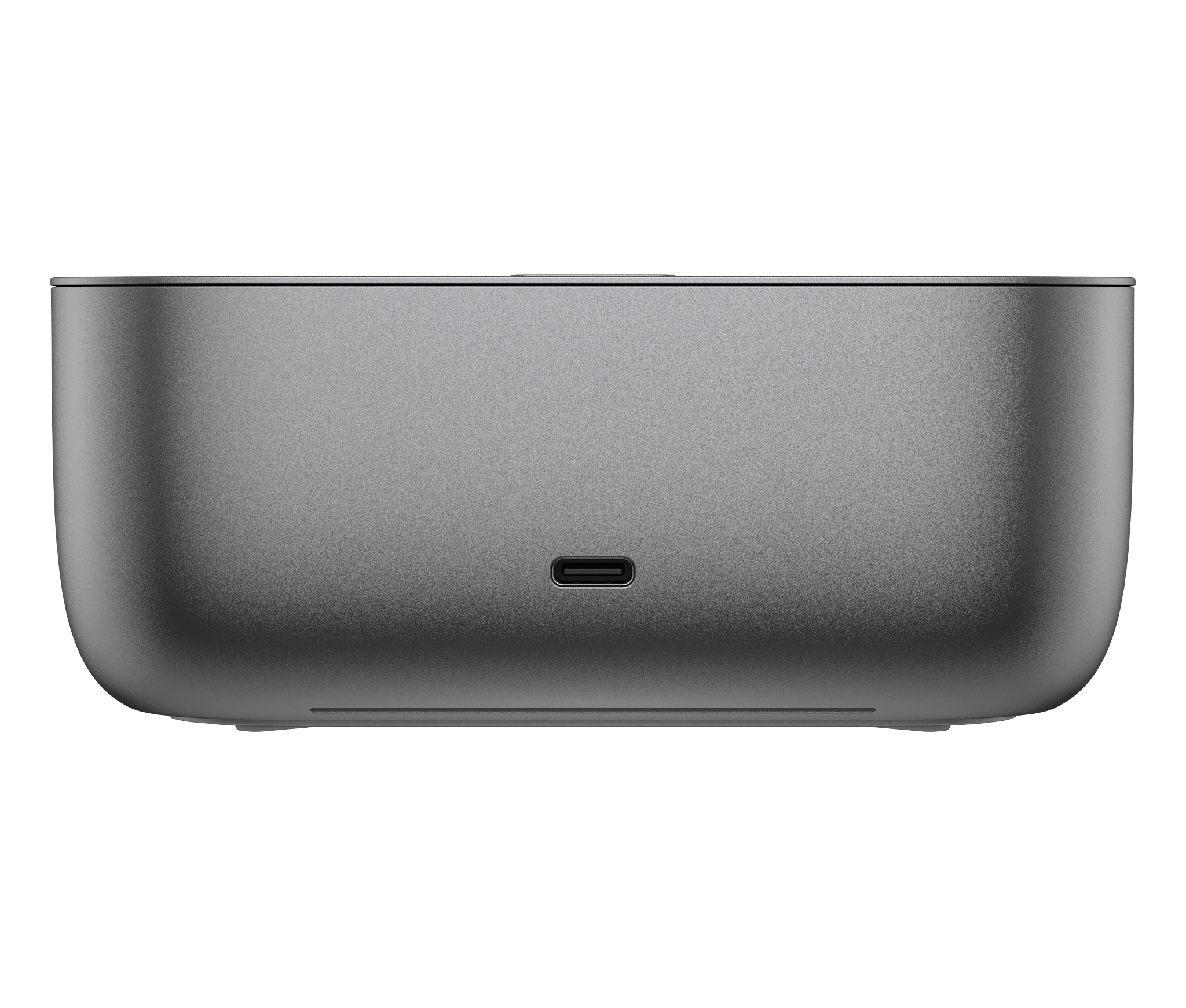 Ein graues rechteckiges Gerät mit einem USB-C-Anschluss an der Vorderseite.