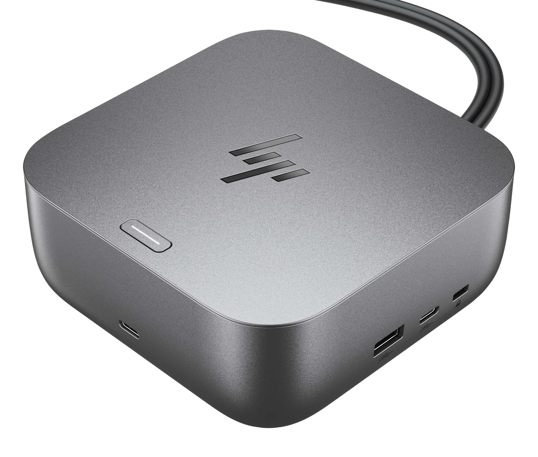 Eine graue HP Dockingstation mit Anschlüssen und dem HP-Logo oben.