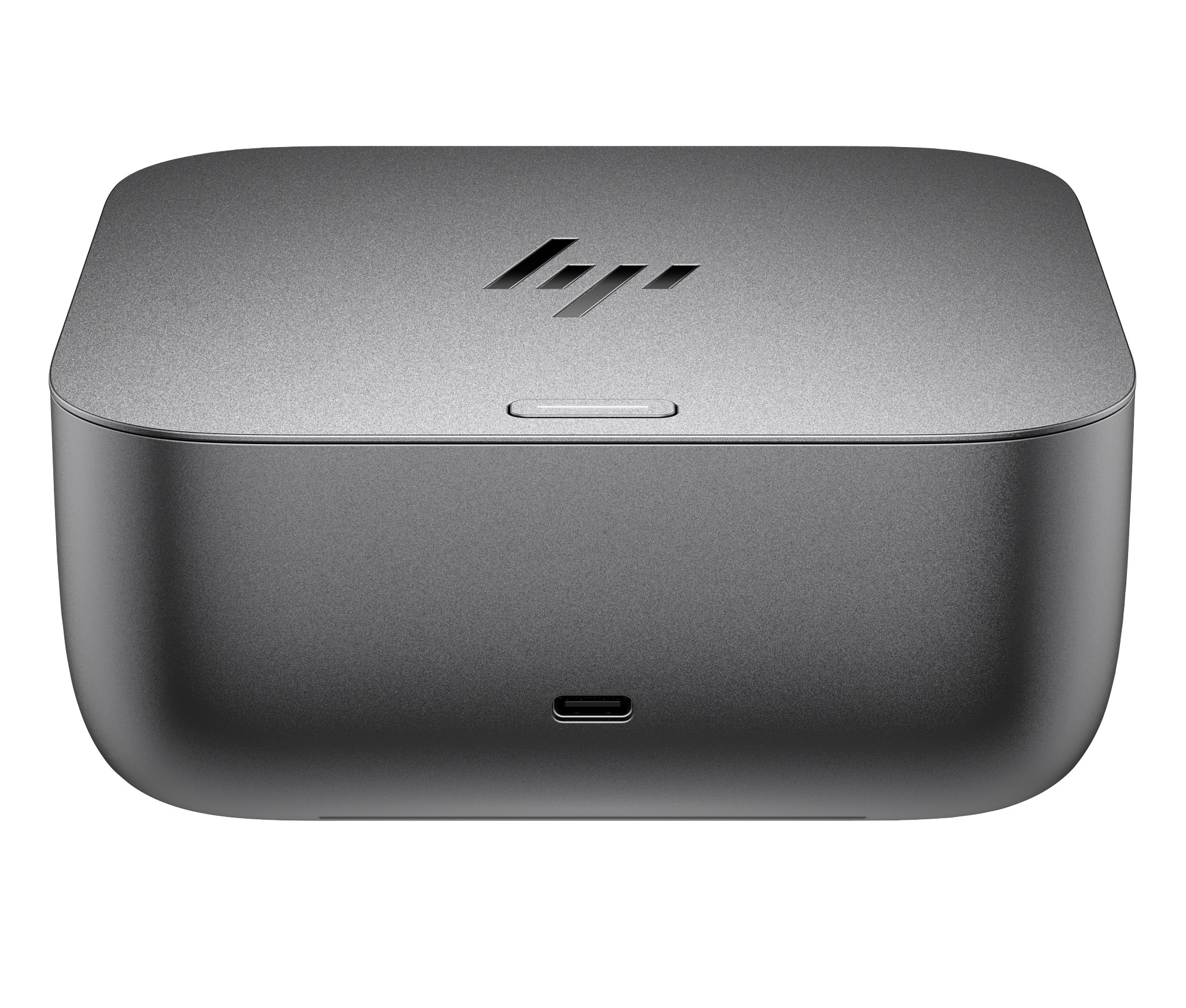 Eine dunkelgraue HP Dockingstation mit HP-Logo oben und USB-C-Anschluss vorne.