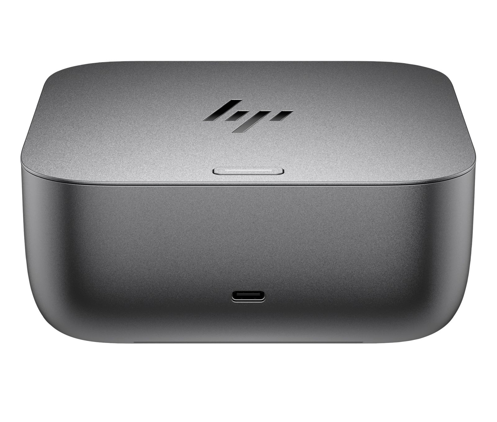 Grauer HP-Dockingstation mit USB-C-Anschluss und HP-Logo.