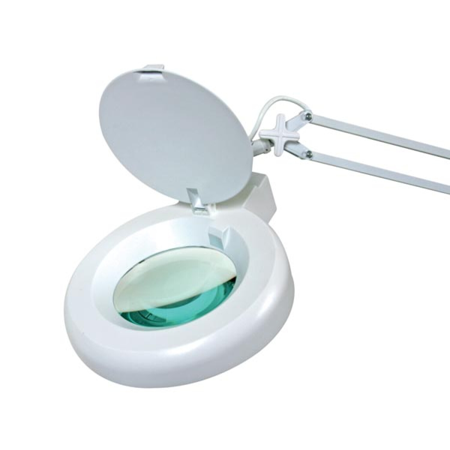 Braccio lampada bianco regolabile con lente d'ingrandimento e coperchio apribile.