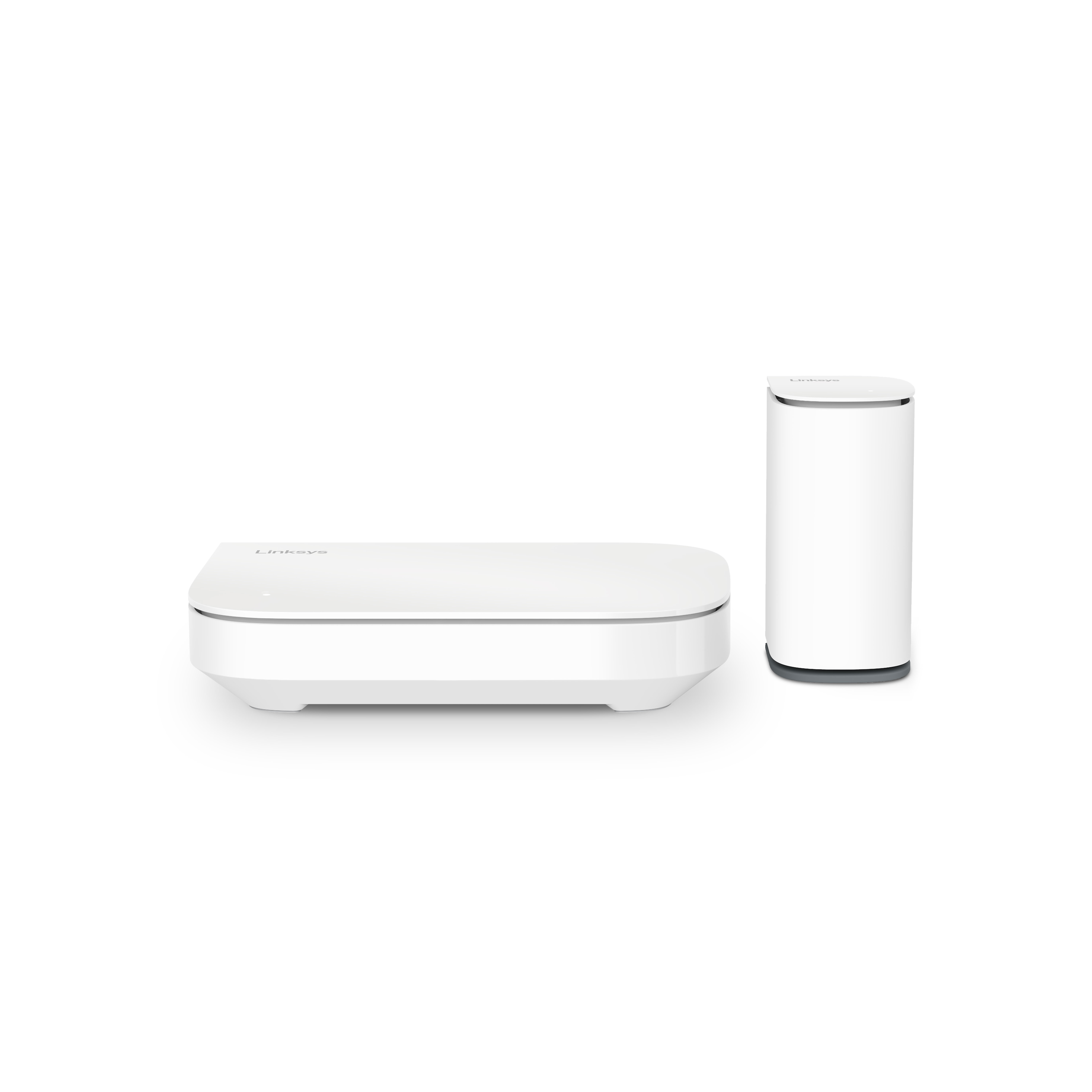 Due router Linksys bianchi, uno rettangolare e uno cilindrico, su sfondo bianco.