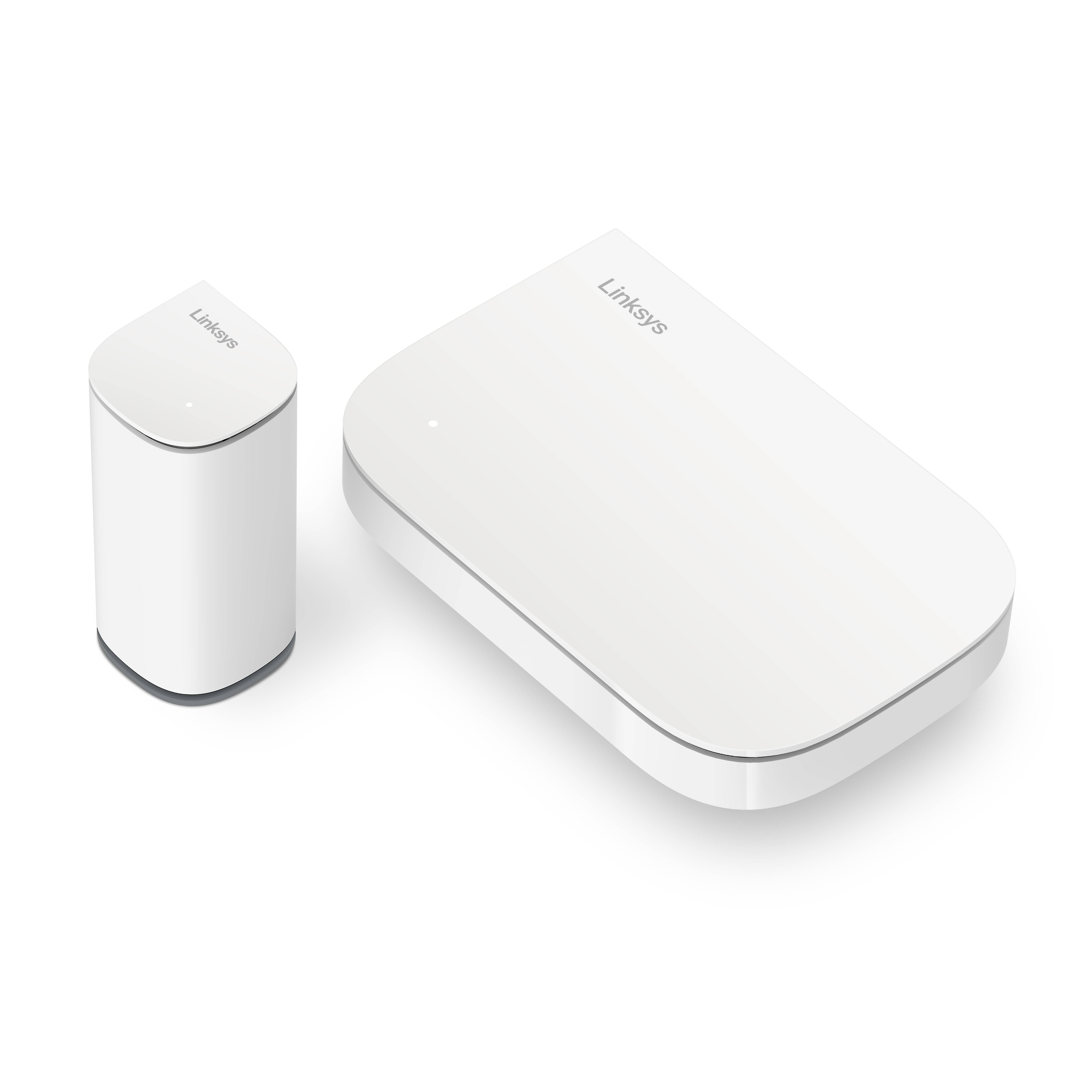 Due router Linksys bianchi, uno alto e cilindrico, l'altro piatto e rettangolare.