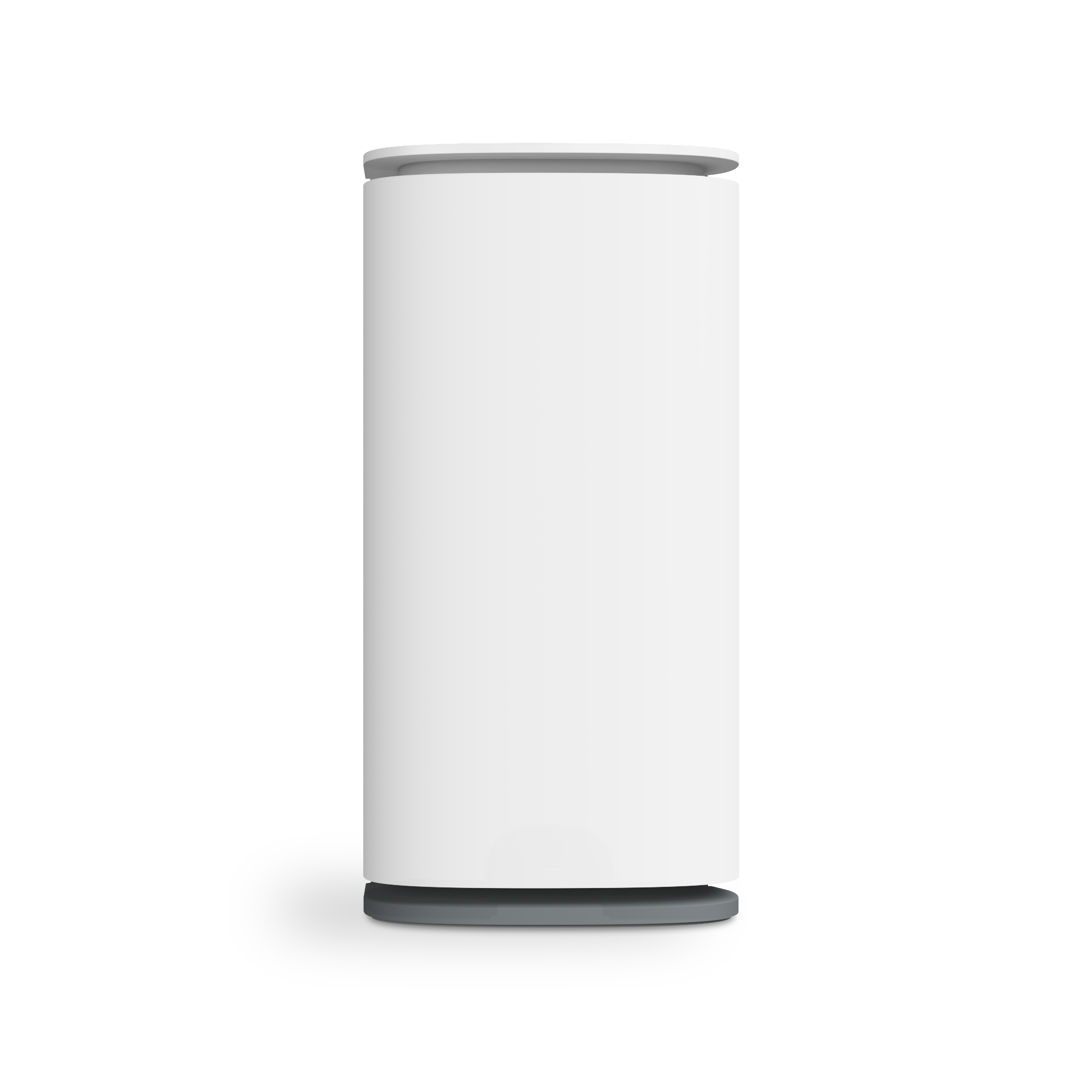 Un contenitore cilindrico bianco con base e coperchio grigi.