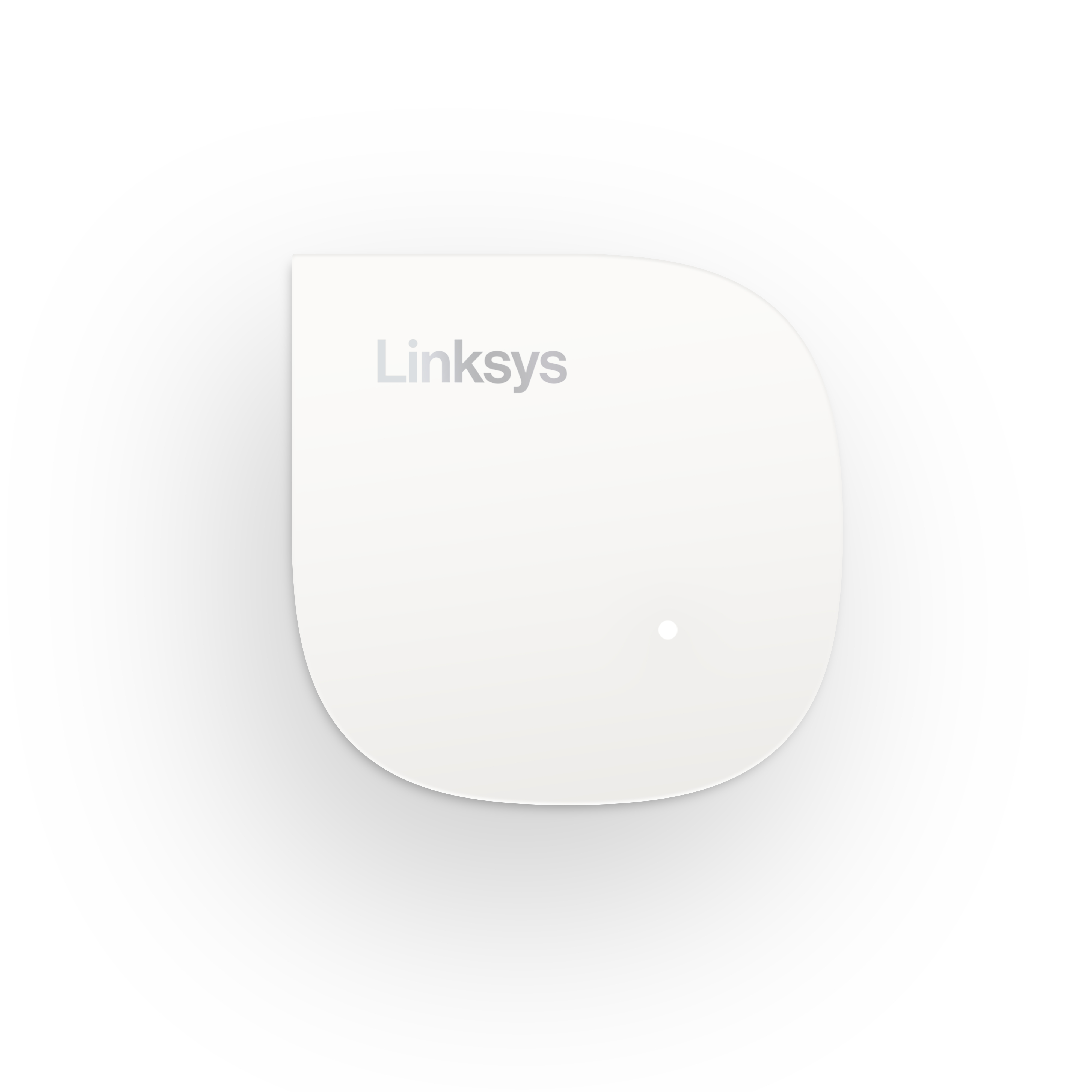 Un router Linksys bianco con un piccolo punto luminoso è appoggiato su sfondo bianco.