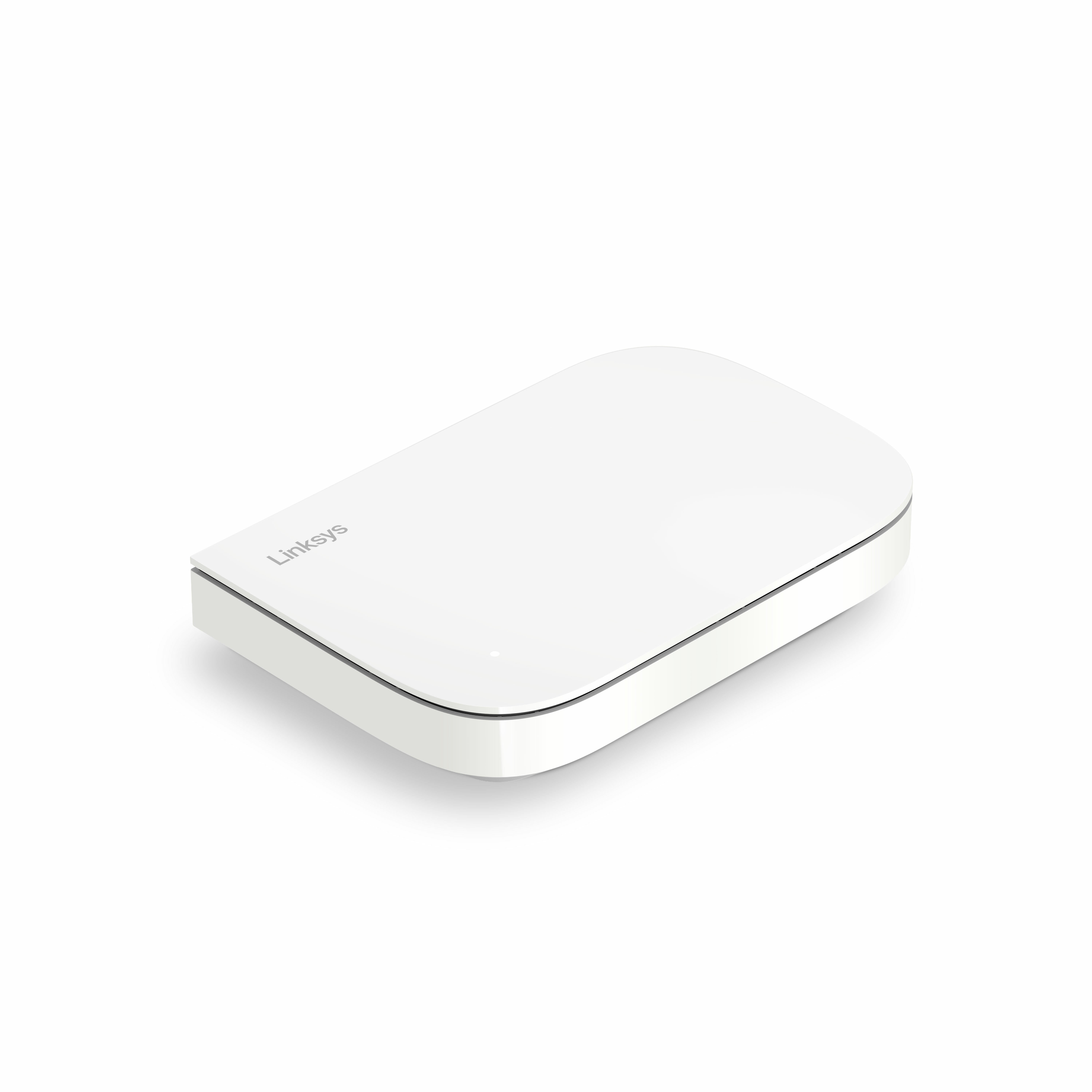 Un router Linksys bianco è mostrato su sfondo bianco con una leggera ombra.