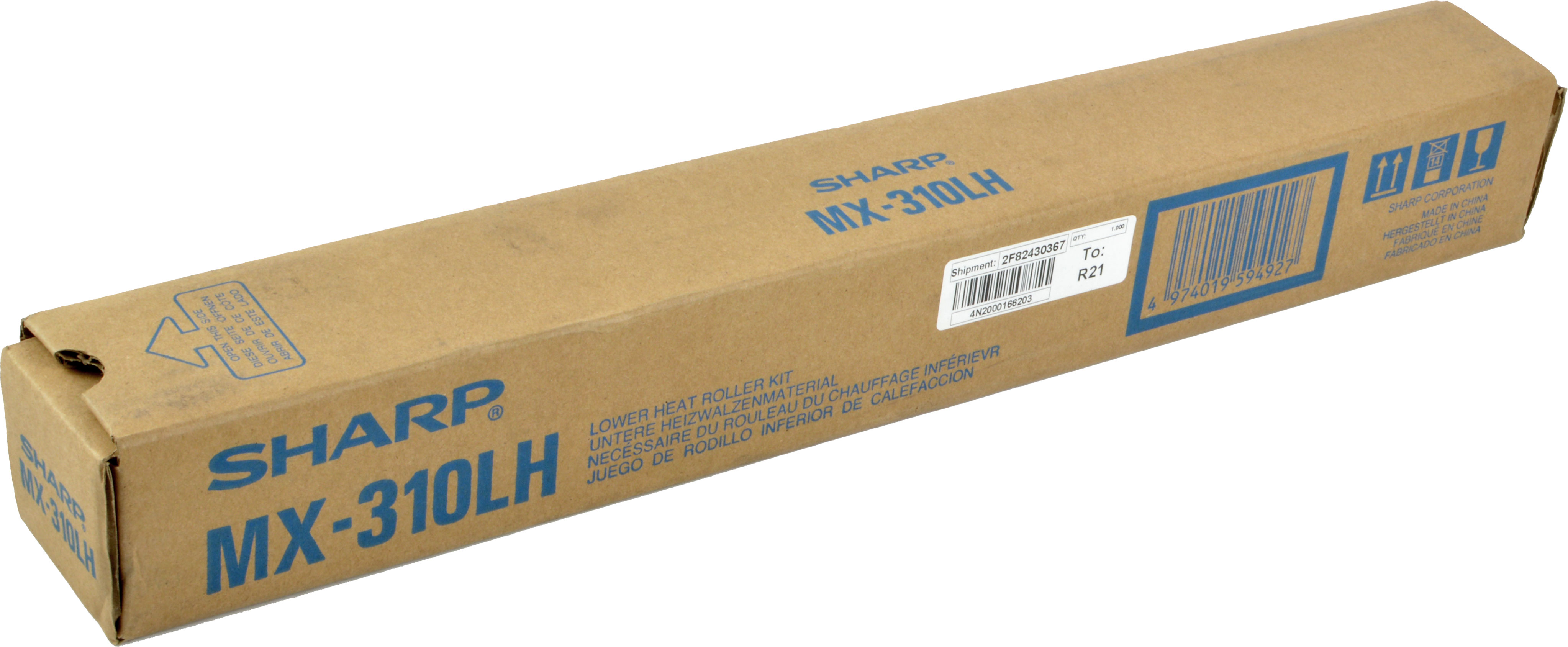 Una scatola di cartone marrone con scritte blu, contenente una parte Sharp MX-310LH.
