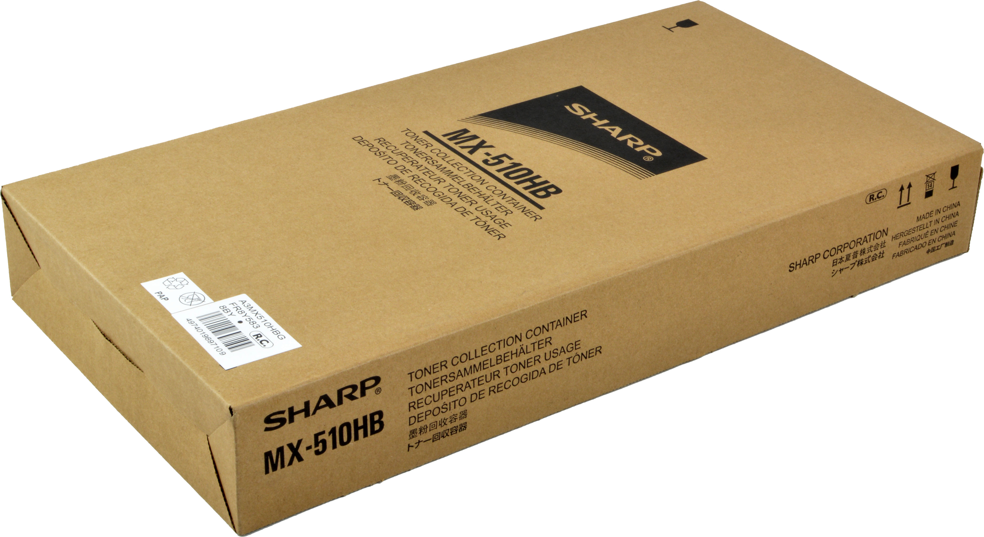 Scatola di cartone marrone con stampa SHARP MX-510HB, per raccolta toner.