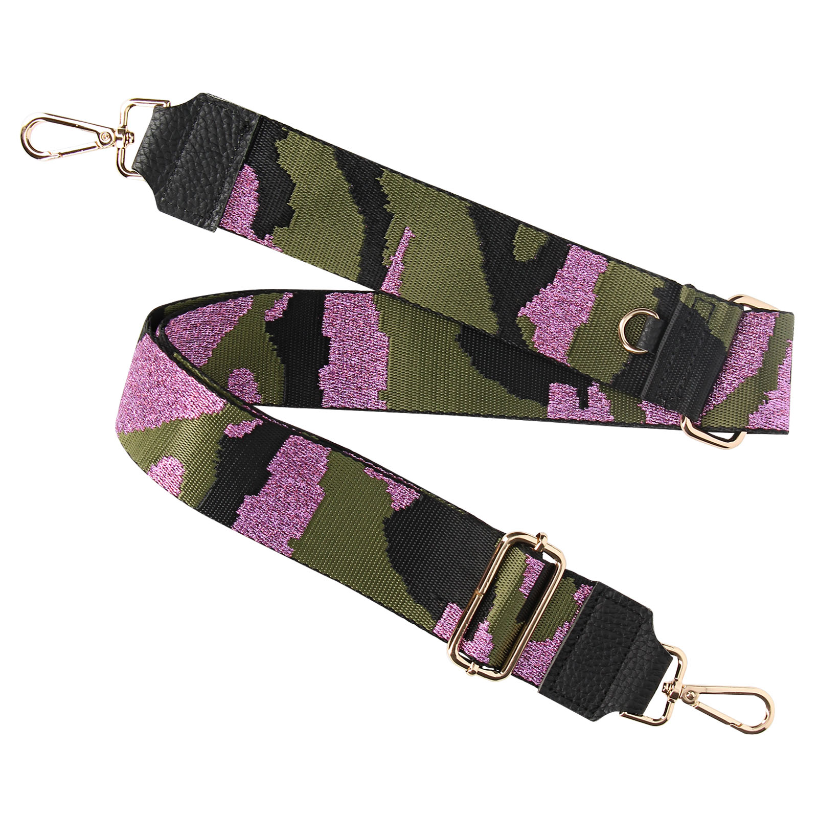 Tracolla mimetica verde, rosa e nera con hardware dorato.