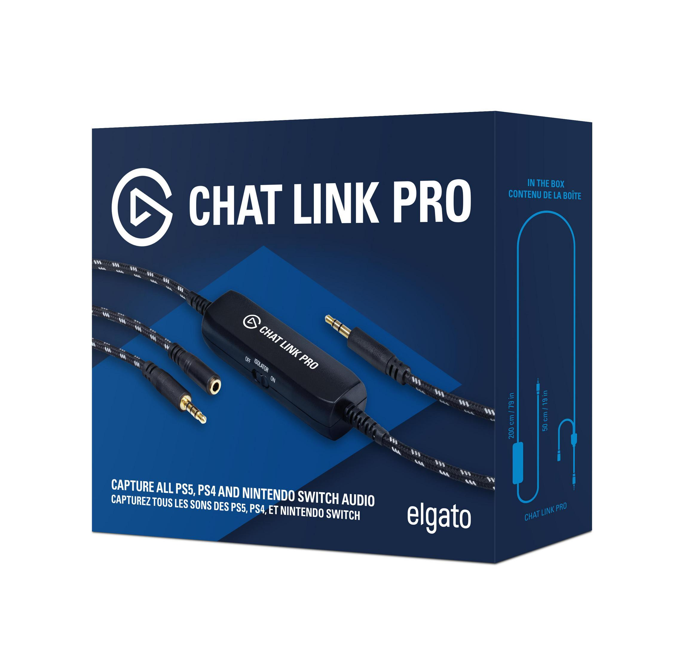 Scatola Elgato Chat Link Pro che mostra dispositivo di cattura audio con cavi e connettori.