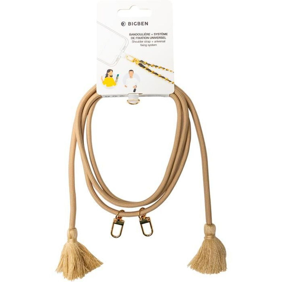 Una tracolla Bigben beige con nappe e chiusure dorate su confezione.