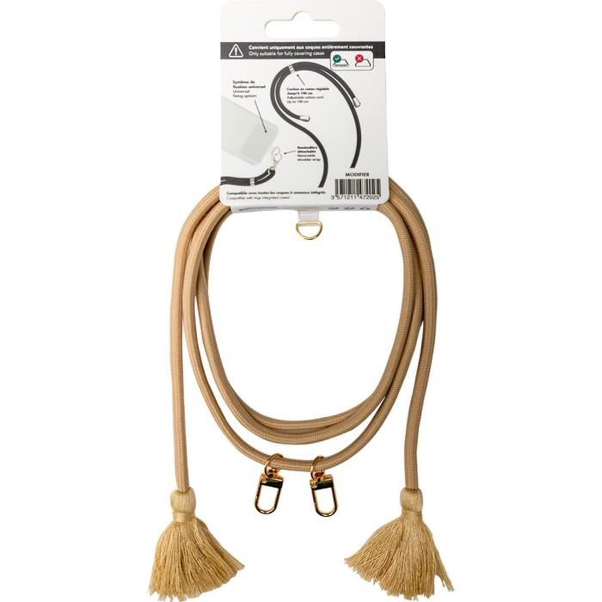 Un cordino per telefono in corda beige con nappe e anelli a D, confezionato.