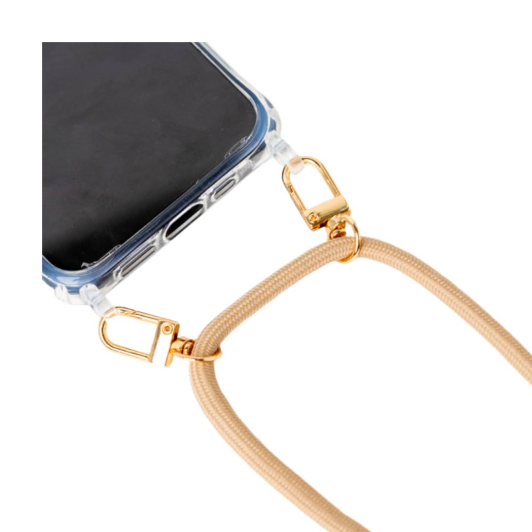 Mostrata una custodia trasparente per telefono con cordino beige e chiusure dorate.