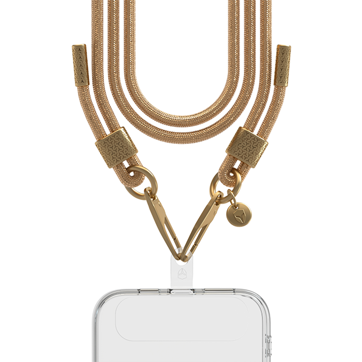 Collana dorata per telefono con moschettoni e un piccolo ciondolo.