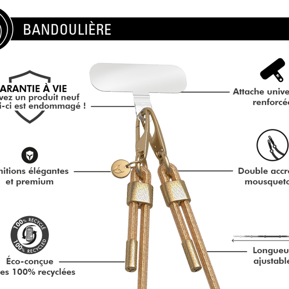 Laccio dorato per telefono con moschettone, regolabile e riciclato.