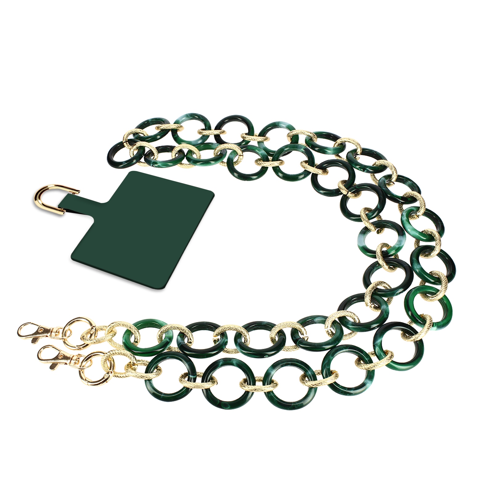 Un cinturino per cellulare verde scuro con chiusure dorate e maglie verde marmorizzato.