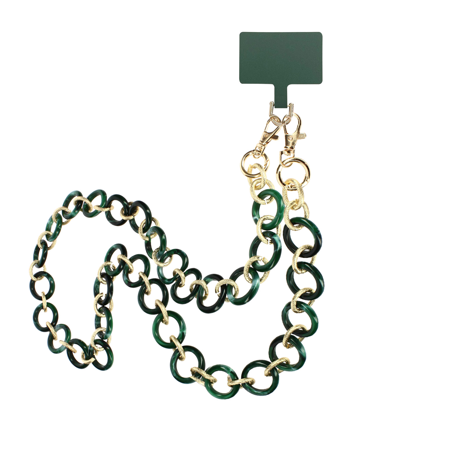 Catena a maglie verdi e dorate con un gancio verde per smartphone.