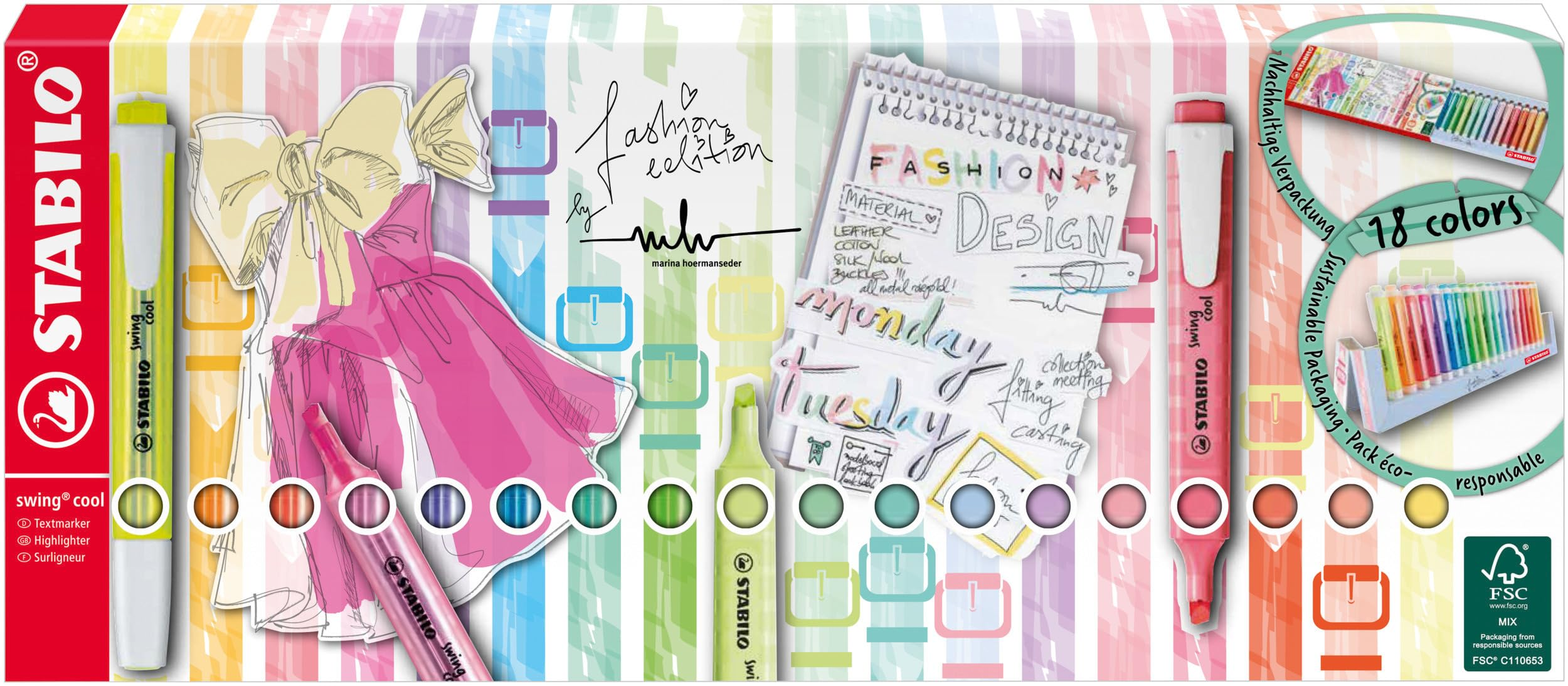 Scatola STABILO Swing Cool Edizione Fashion con pennarelli, schizzi ed elementi di design.