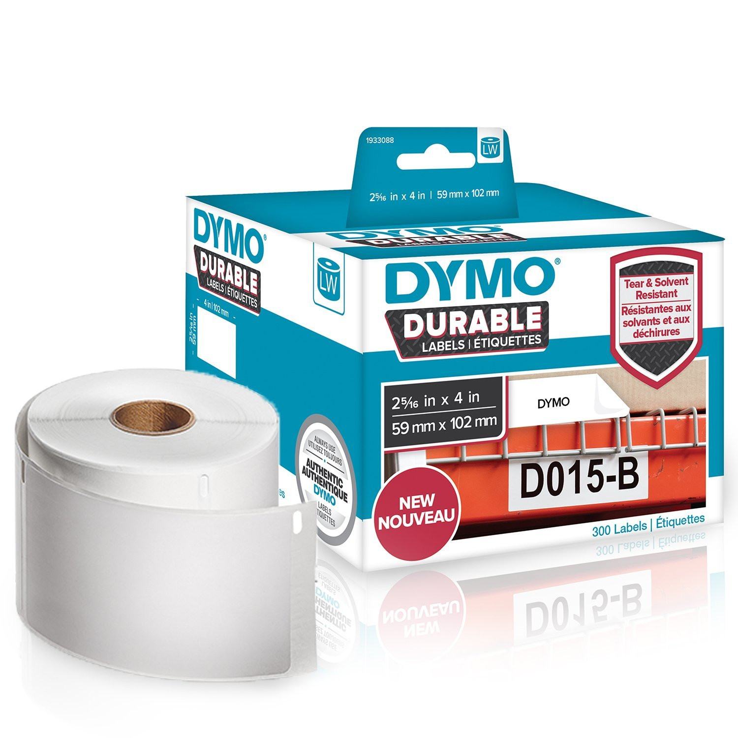Un rotolo di etichette bianche DYMO resistenti e la sua scatola di vendita blu e bianca.