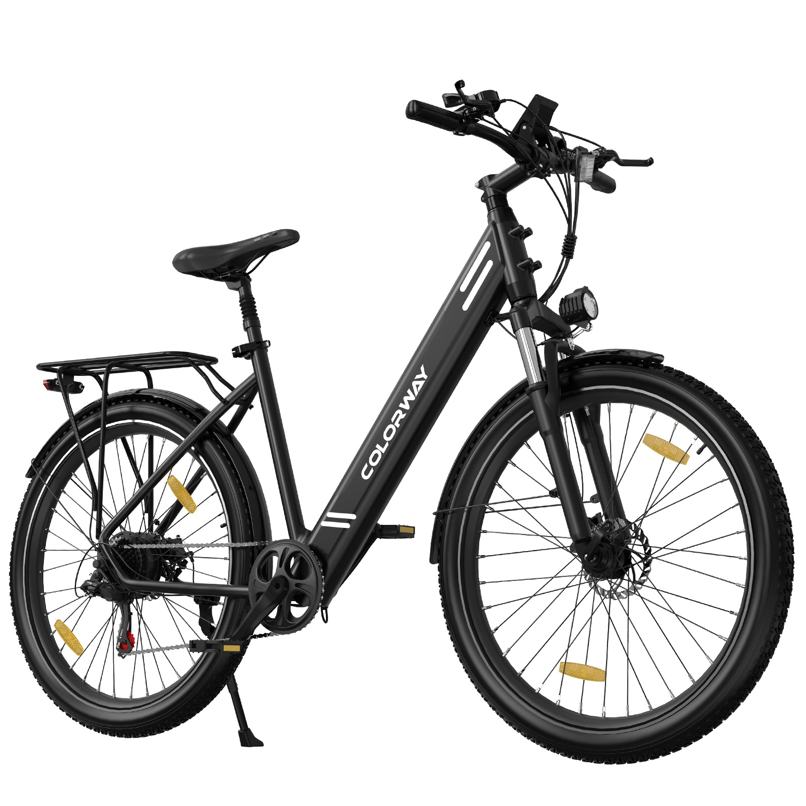Se muestra una bicicleta eléctrica negra COLORWAY con portabultos trasero y luz delantera.