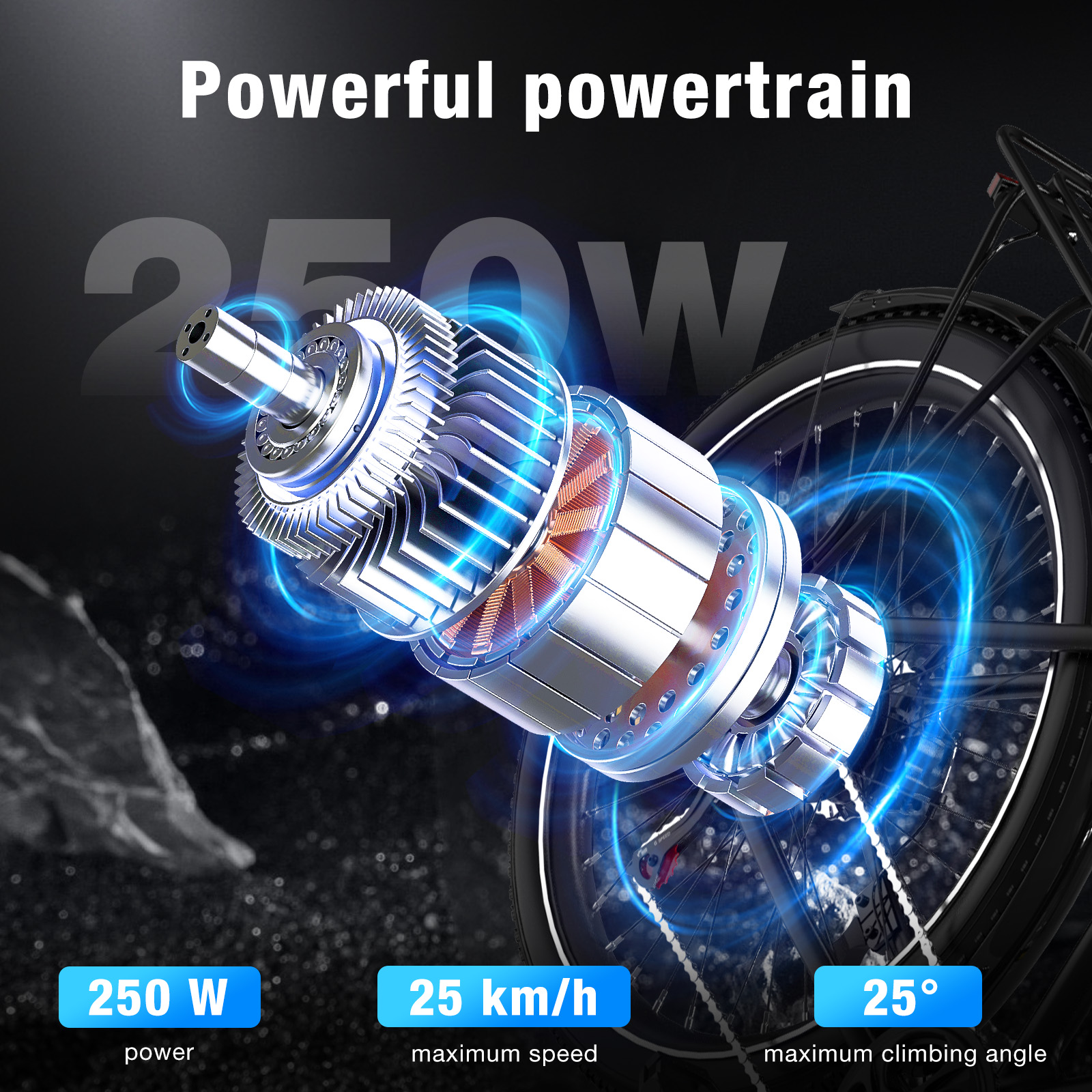 Primer plano de un potente motor de bicicleta eléctrica, mostrando 250W de potencia, 25 km/h de velocidad, 25° de subida.