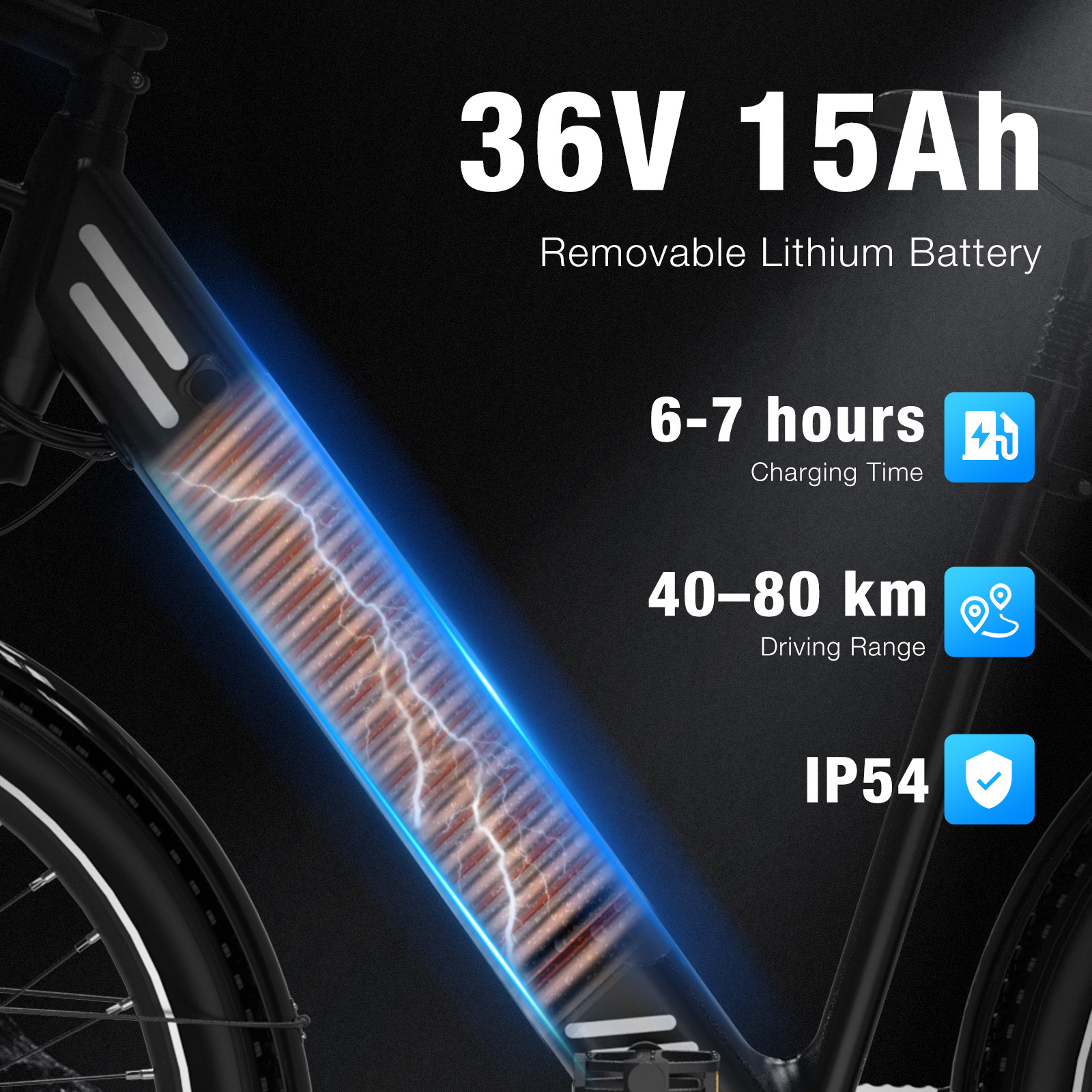 Batería E-bike: 36V 15Ah, extraíble. Carga 6-7h. Autonomía 40-80km. IP54.