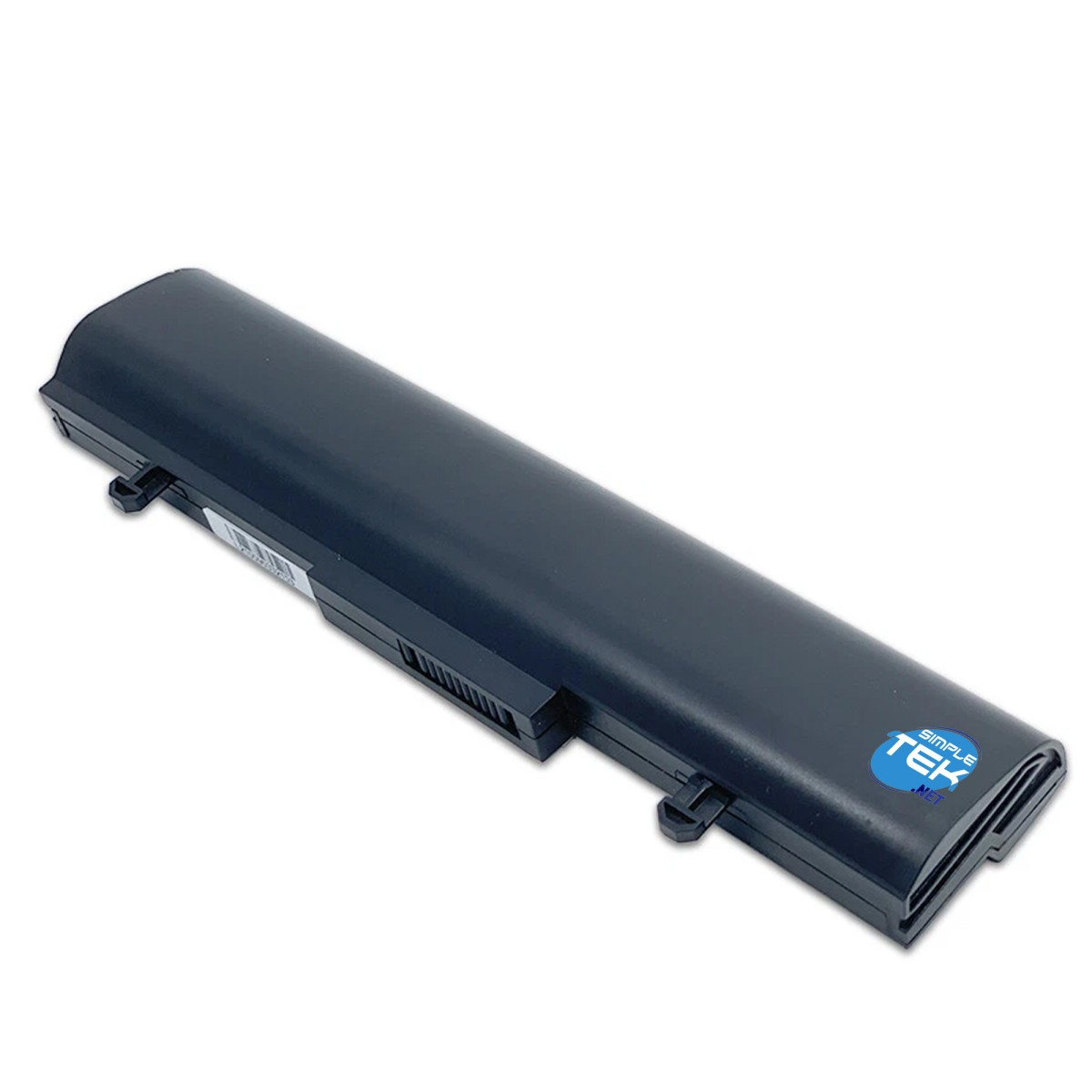 Batteria nera per laptop con logo blu 'SimpleTek.net' sull'estremità destra.