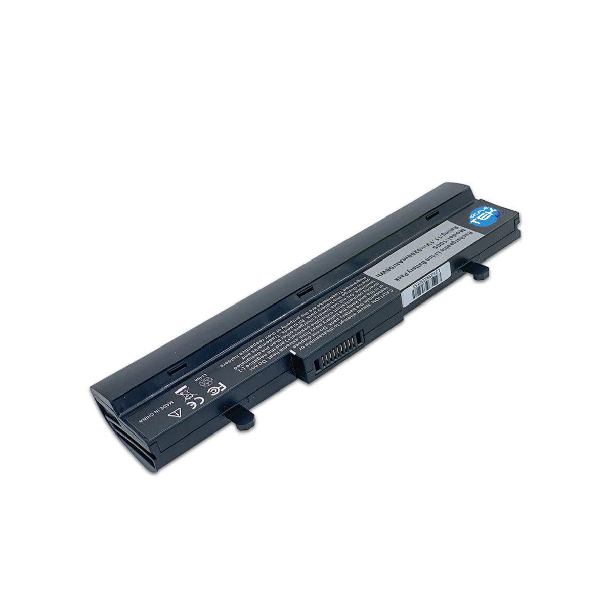 Batteria nera per laptop con etichette. Mostra modello, potenza e testo di avvertenza. Marchiata FC, CE e Made in China.