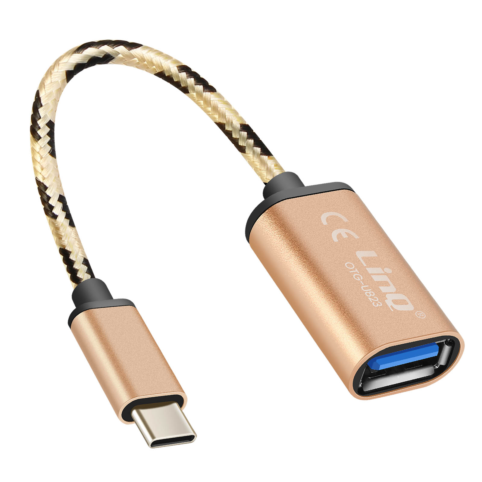Adattatore OTG da USB-C a USB-A dorato con cavo intrecciato. Bianco, nero, oro.