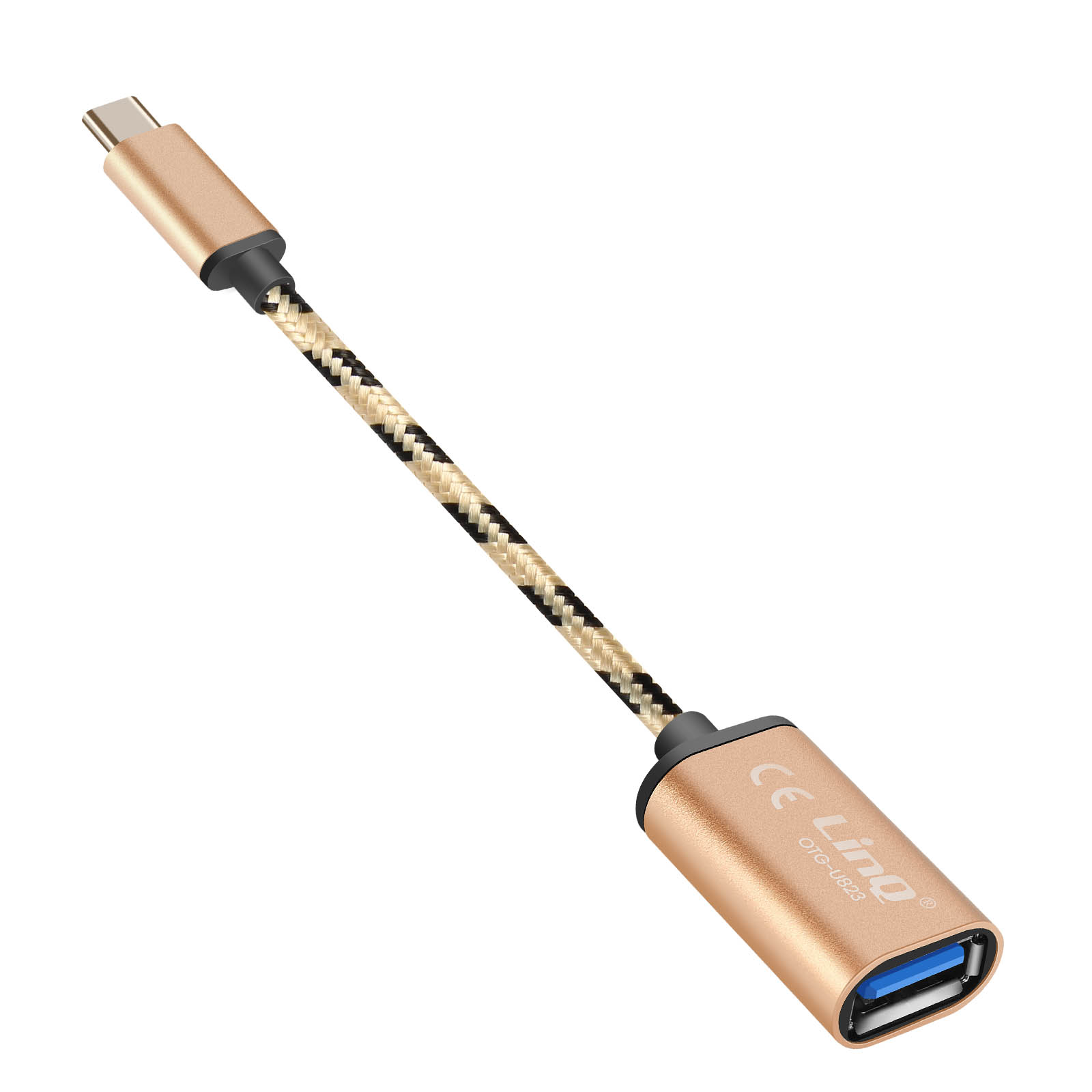 Adattatore USB-C a USB-A dorato con cavo intrecciato.
