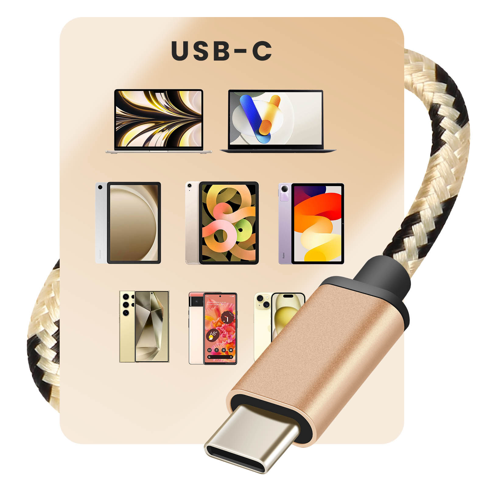 Connettore USB-C con cavo intrecciato, circondato da laptop, tablet e telefoni.
