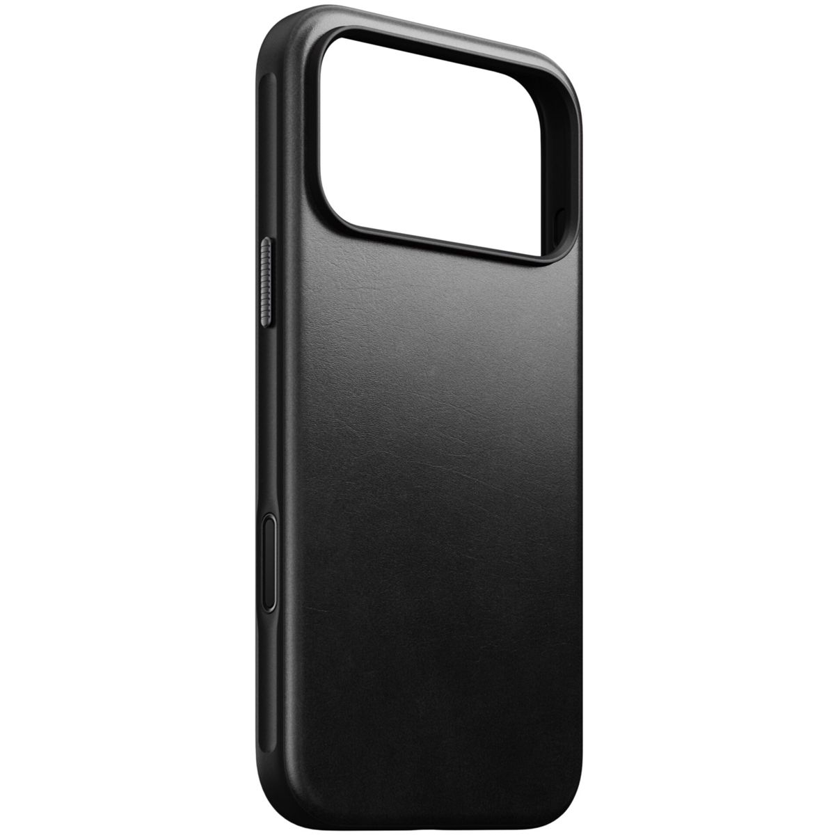 Custodia nera per telefono con ritagli per fotocamera e pulsanti.