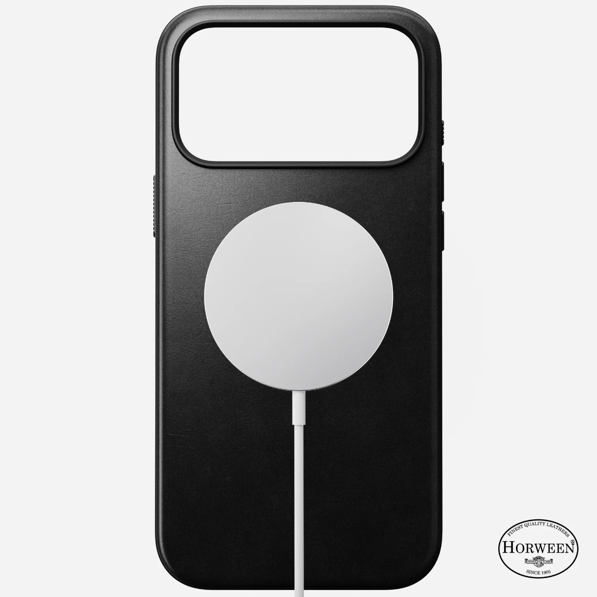Custodia nera per telefono con caricabatterie MagSafe circolare bianco e cavo.